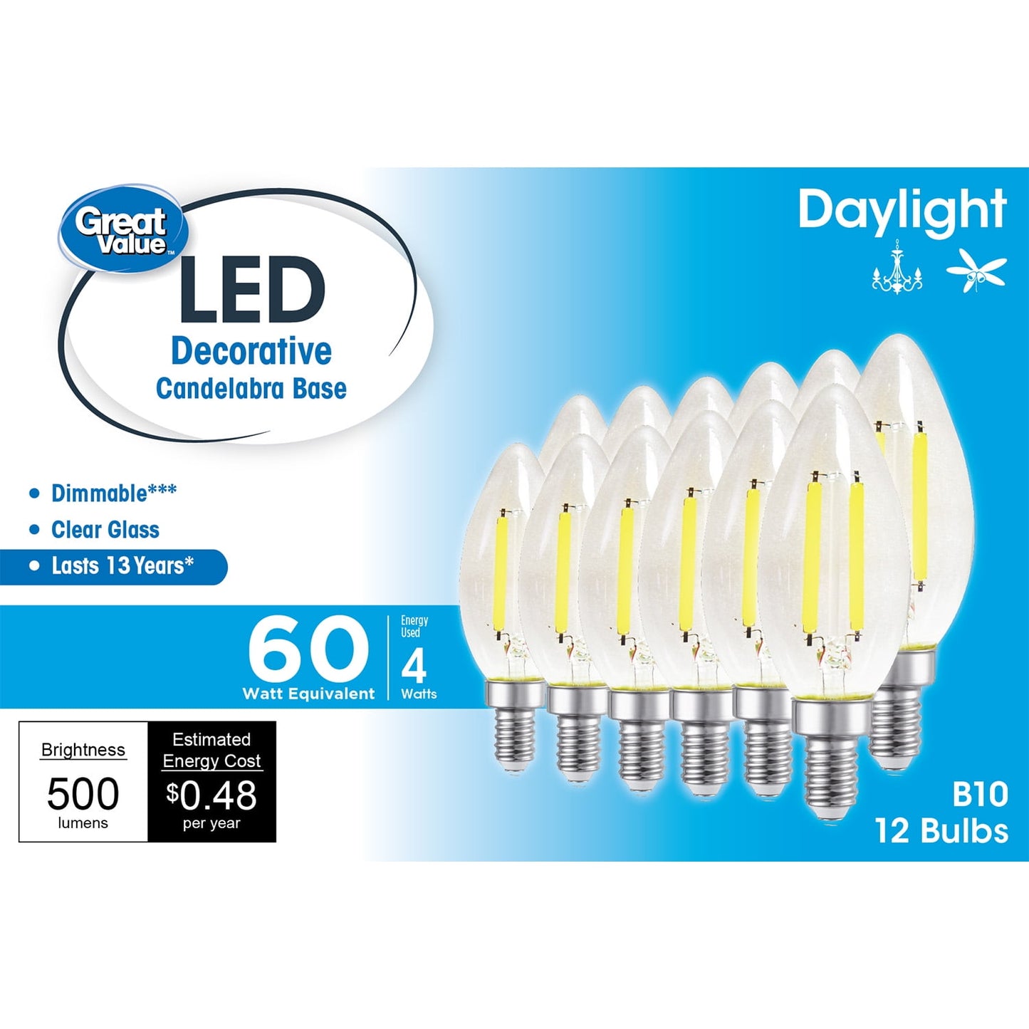Great Value LED, LÃ¡mpara Decorativa B10 de 4W (Equivalente a 60W) con Base Candelabro E12, Regulable, Luz de DÃ­a, Paquete de 12