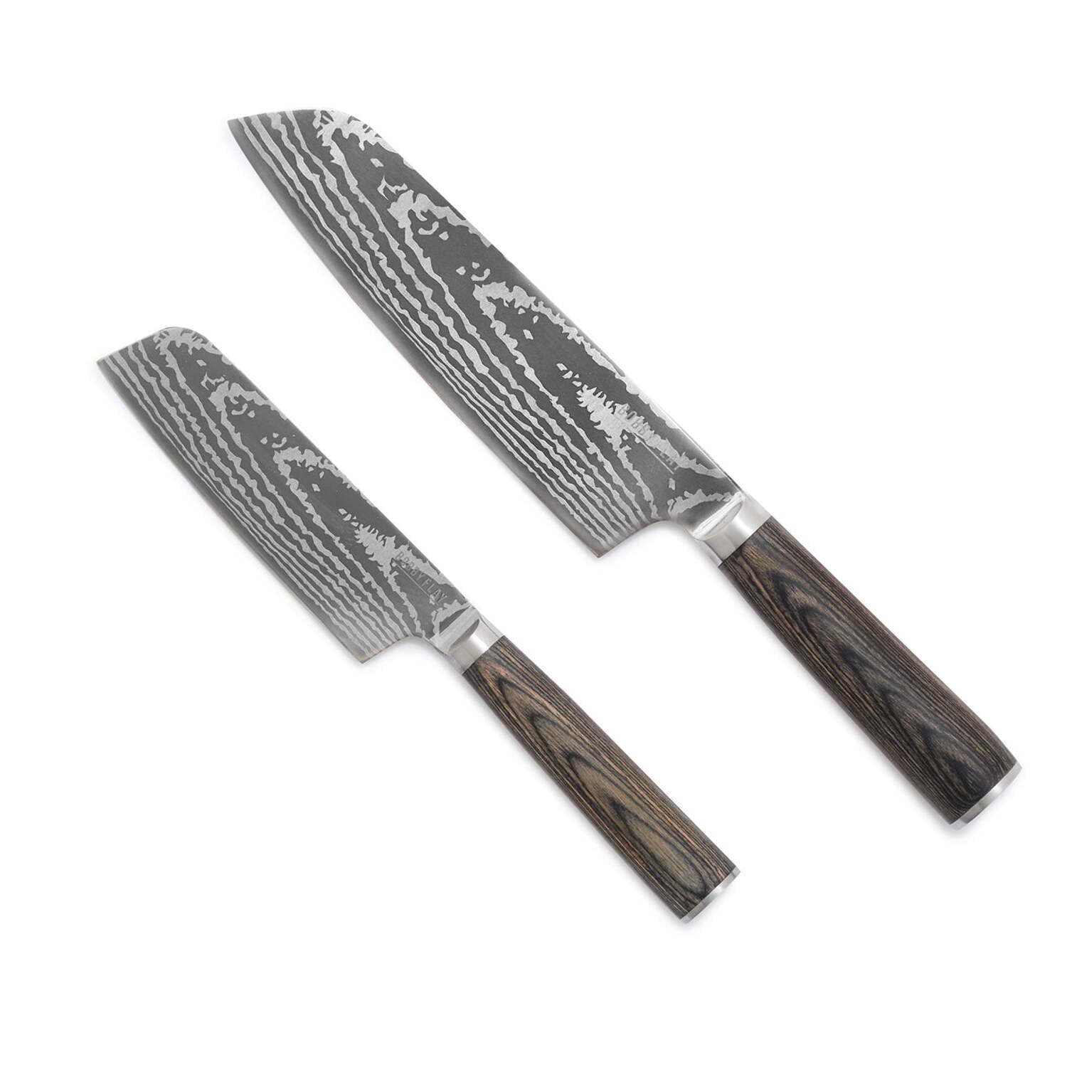GreenPan x Bobby Flay 5â€ & 7â€ Santoku Knife Set, Premium Stainless Steel Blades, Precision Cutting Kitchen Tools, Ultra-Versatile Cutlery, Hand Finished Wood Handle, Damascus Steel Design