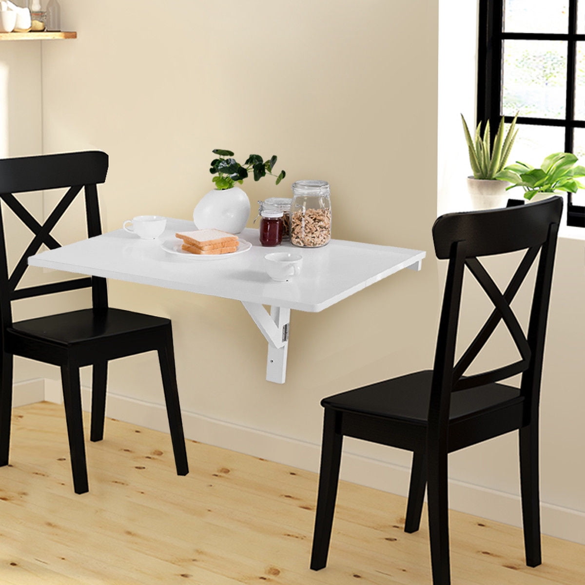 Gymax White Wall-Mounted Drop-Leaf Table Folding Kitchen Dining Table Desk Space Saver