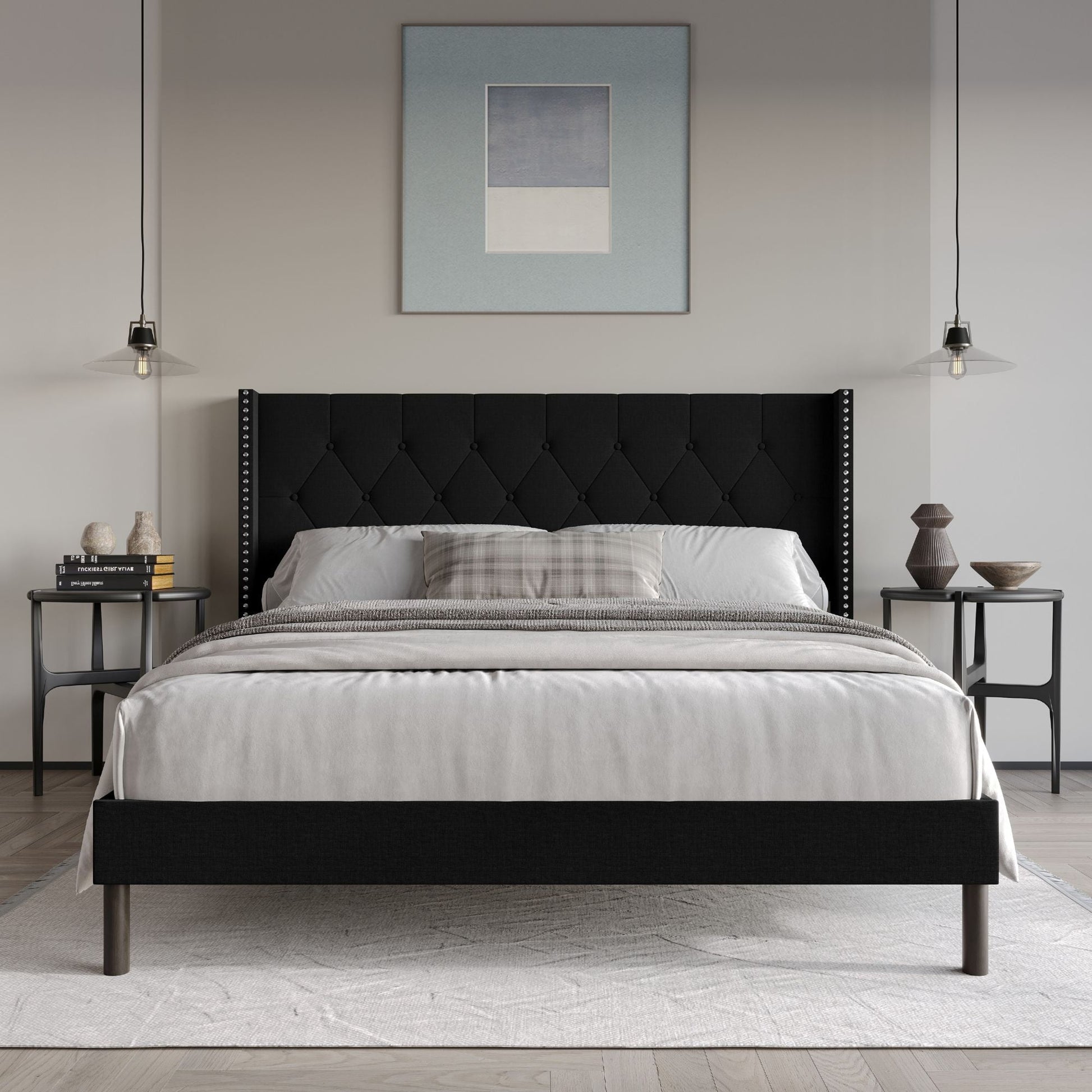 Home Design Cicero Twin Tufted Upholstered Wingback Panel Bed Frame with Button-Tufted Headboard & Nailhead Trim, Black, Easy Assembly