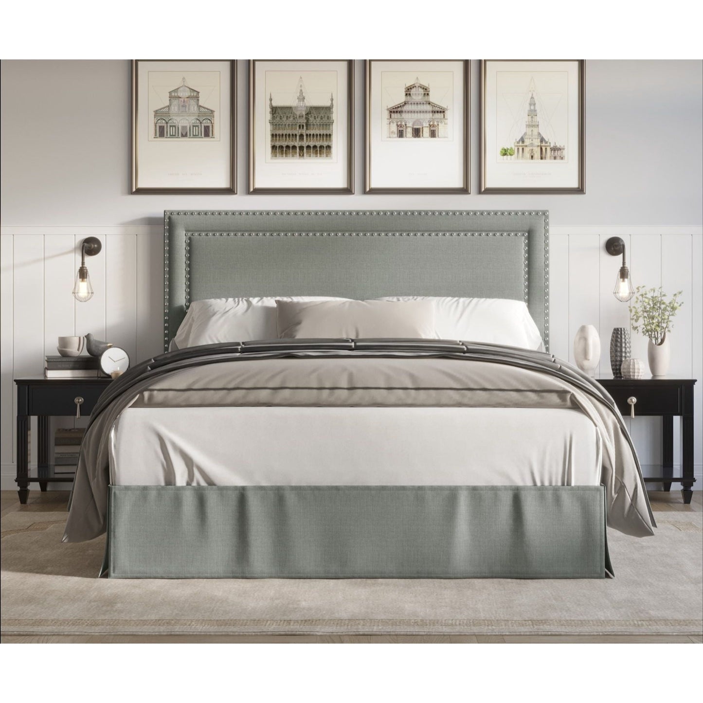 Home Design Keith Twin Upholstered Panel Bed Frame with Nailhead Trim, Gray â€“ Adult Bedroom Furniture, Easy Assembly