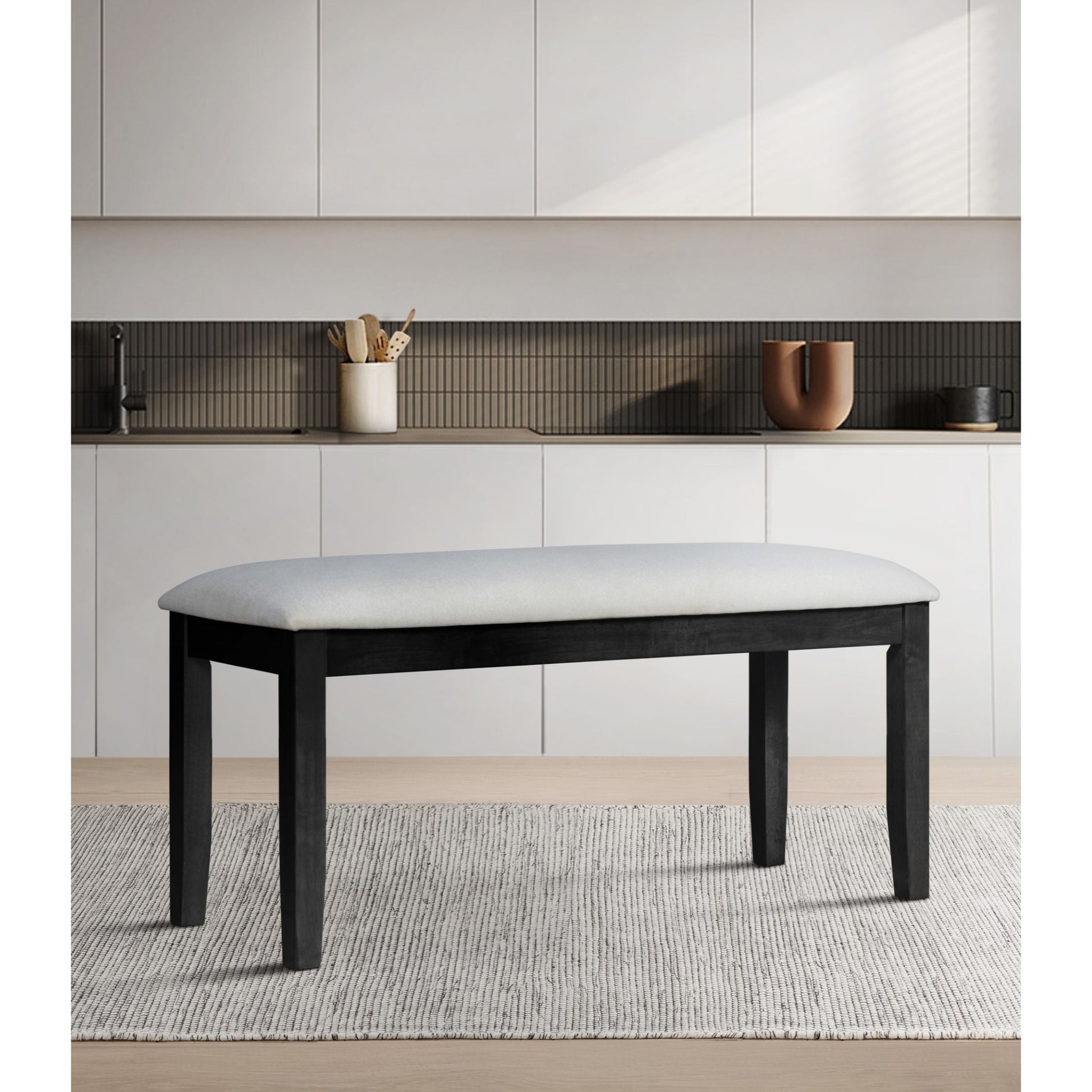 Home Design Oden Dining Bench, Black/Gray, Rectangular seat, Padded cushion, Upholstered in soft gray fabric, X-shaped base, Comfortable seating, Rustic-modern style, Durable construction