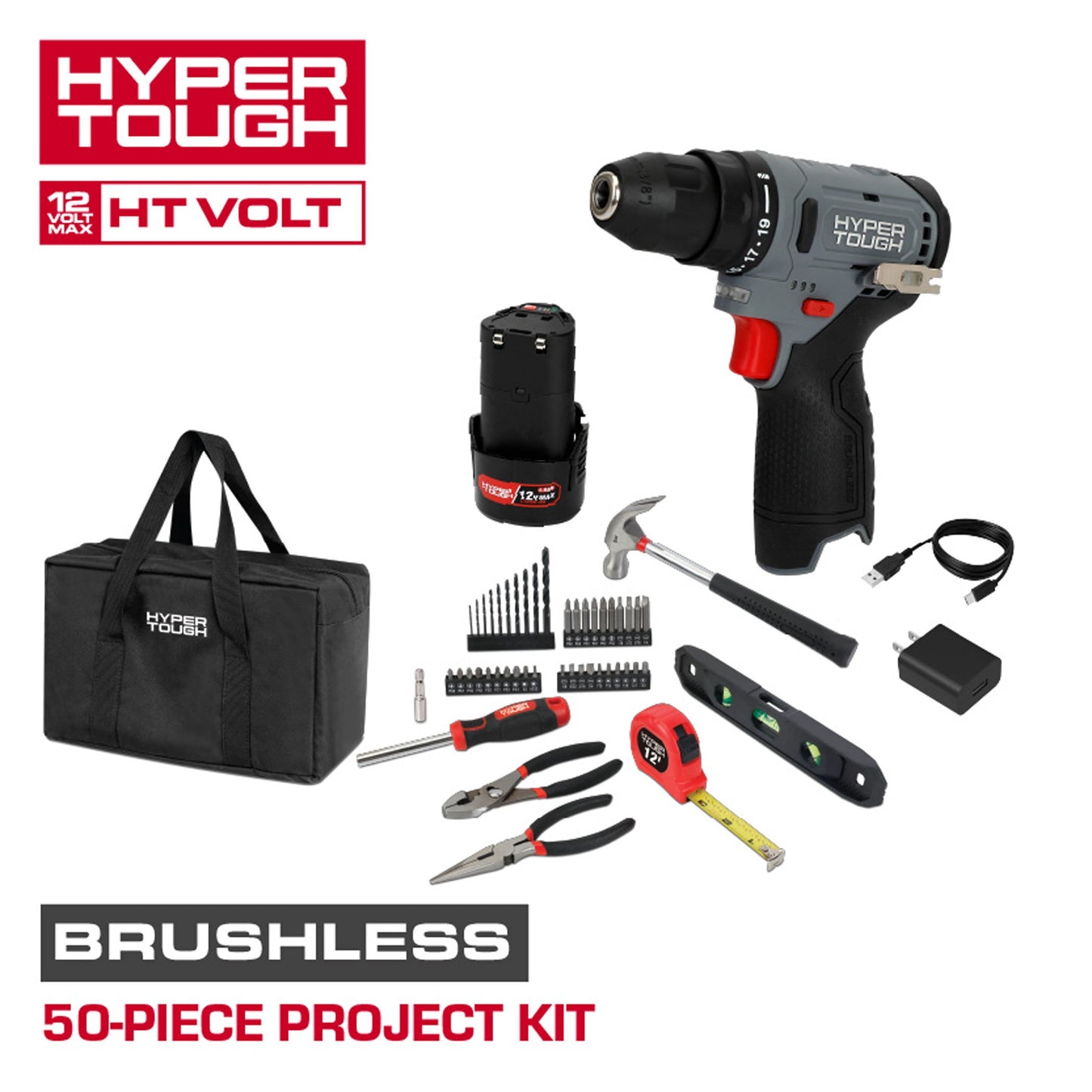 Hyper Tough 12V Brushless Cordless 50-Piece Project Kit with 1.5Ah Battery & Charger