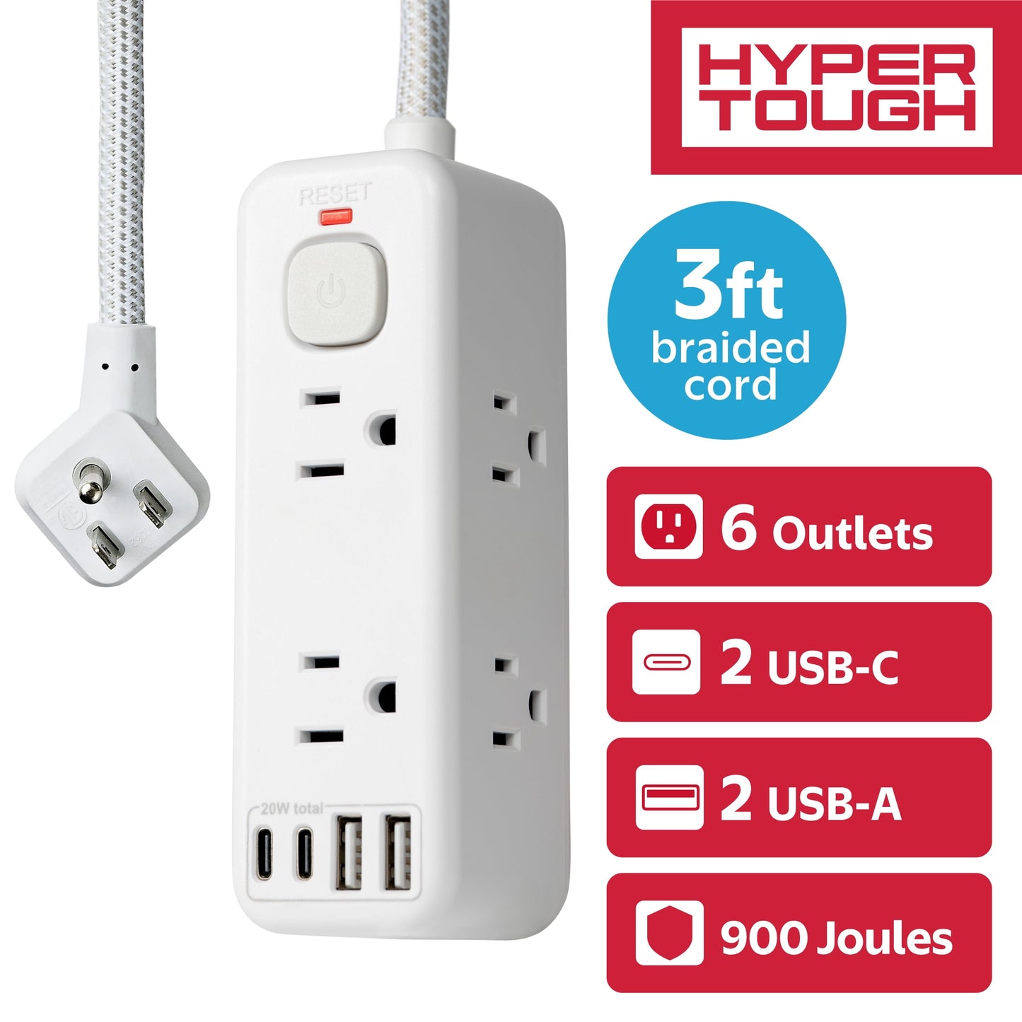 Hyper Tough Regleta de AlimentaciÃ³n USB, Cable de ExtensiÃ³n de 3 Pies, 6 Tomacorrientes, USB-A, USB-C, Protector contra Sobretensiones de 900J, Blanco