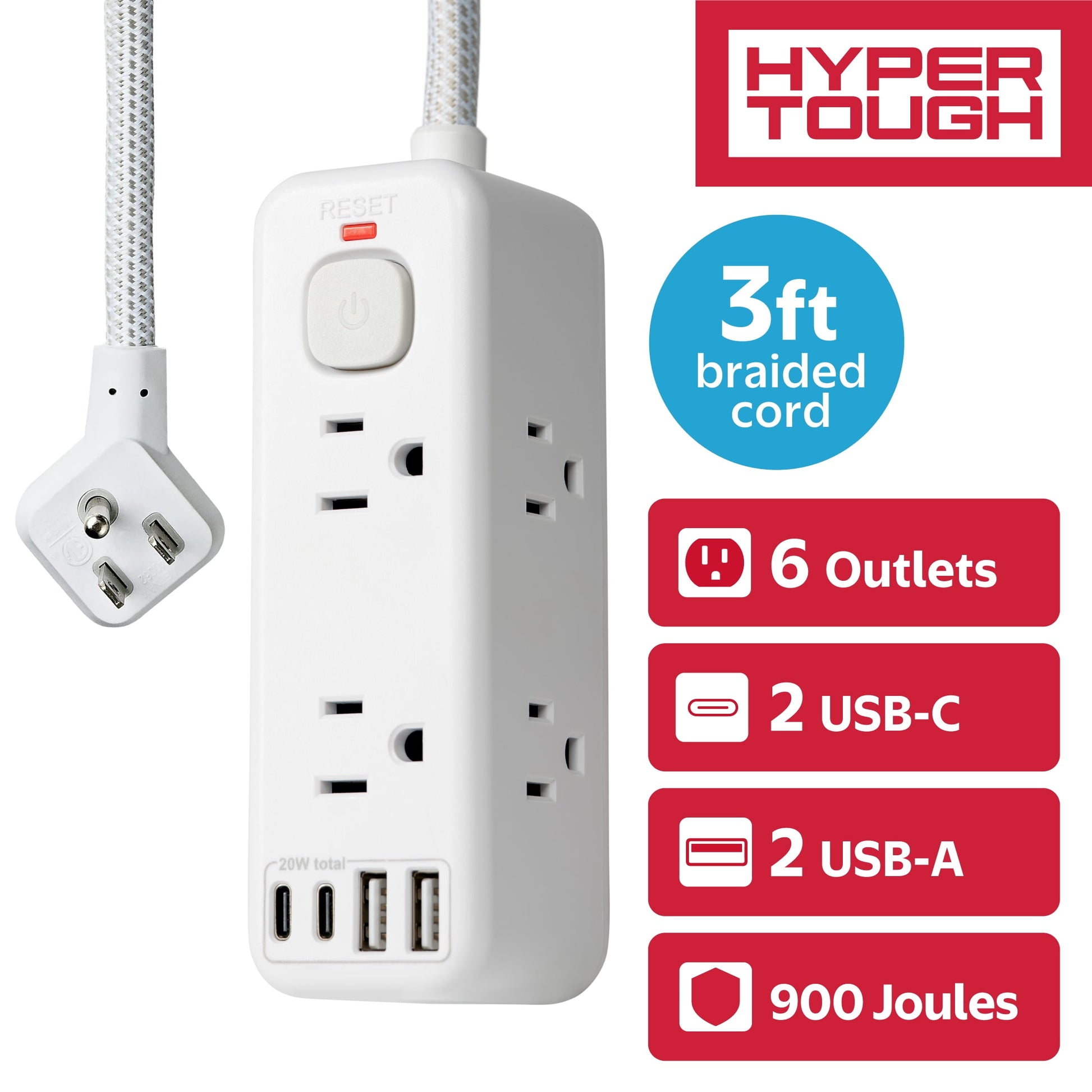 Hyper Tough Regleta de AlimentaciÃ³n USB, Cable de ExtensiÃ³n de 3 Pies, 6 Tomacorrientes, USB-A, USB-C, Protector contra Sobretensiones de 900J, Blanco