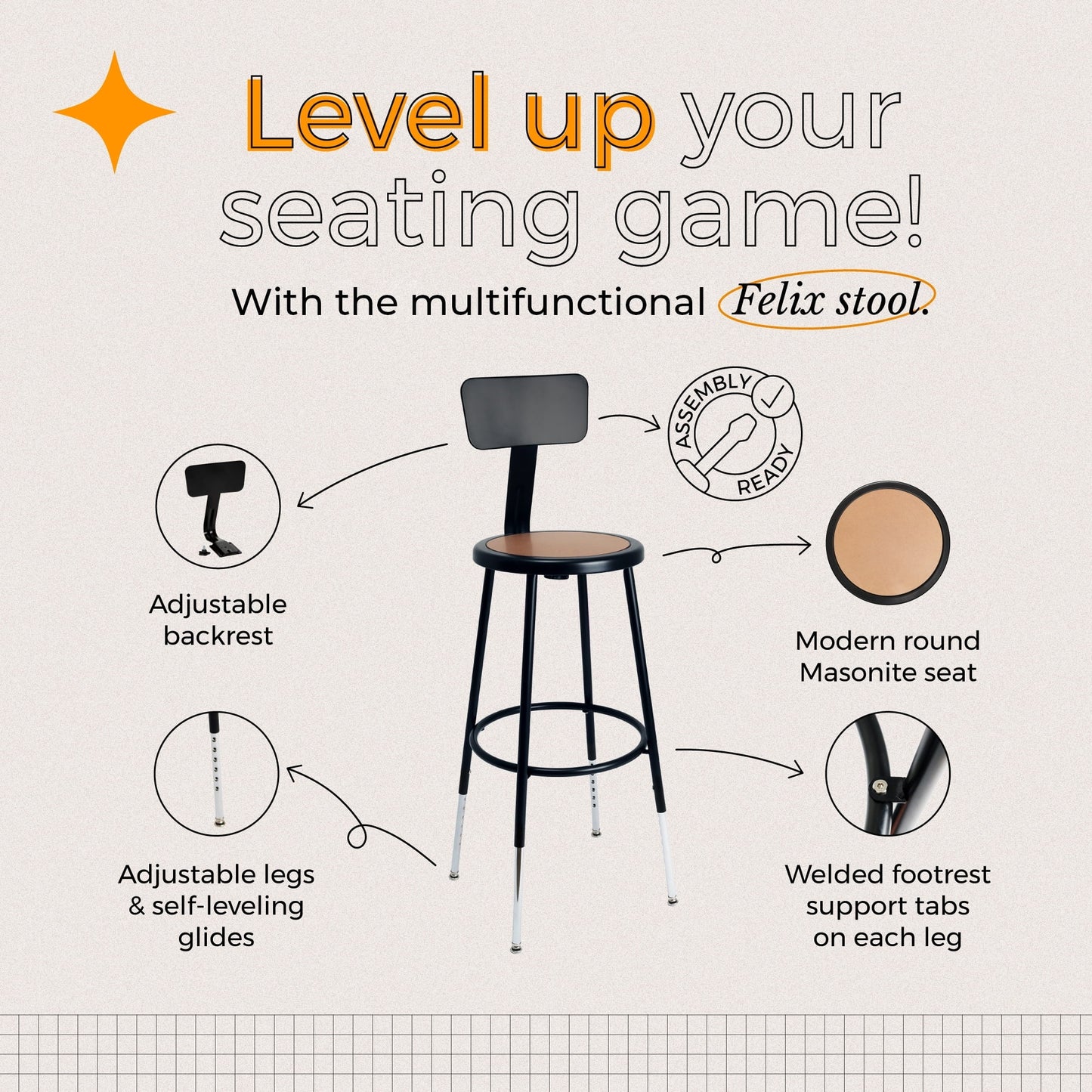 Hampden Furnishings Felix Collection Height Adjustable 25-33 Inch Steel Stool with Backrest, Black, AssemblyReady