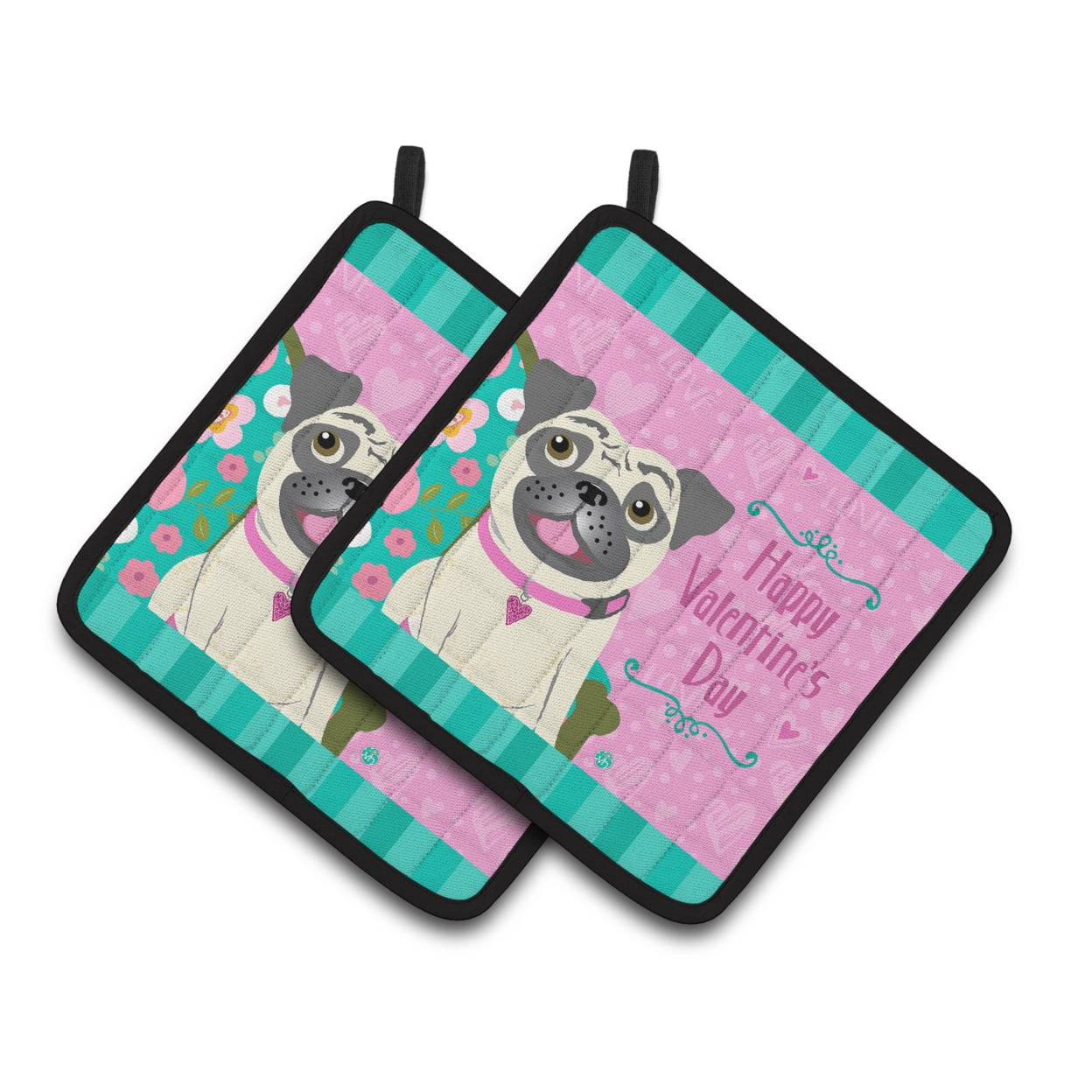 Happy Valentines Day Pug Pair of Pot Holders