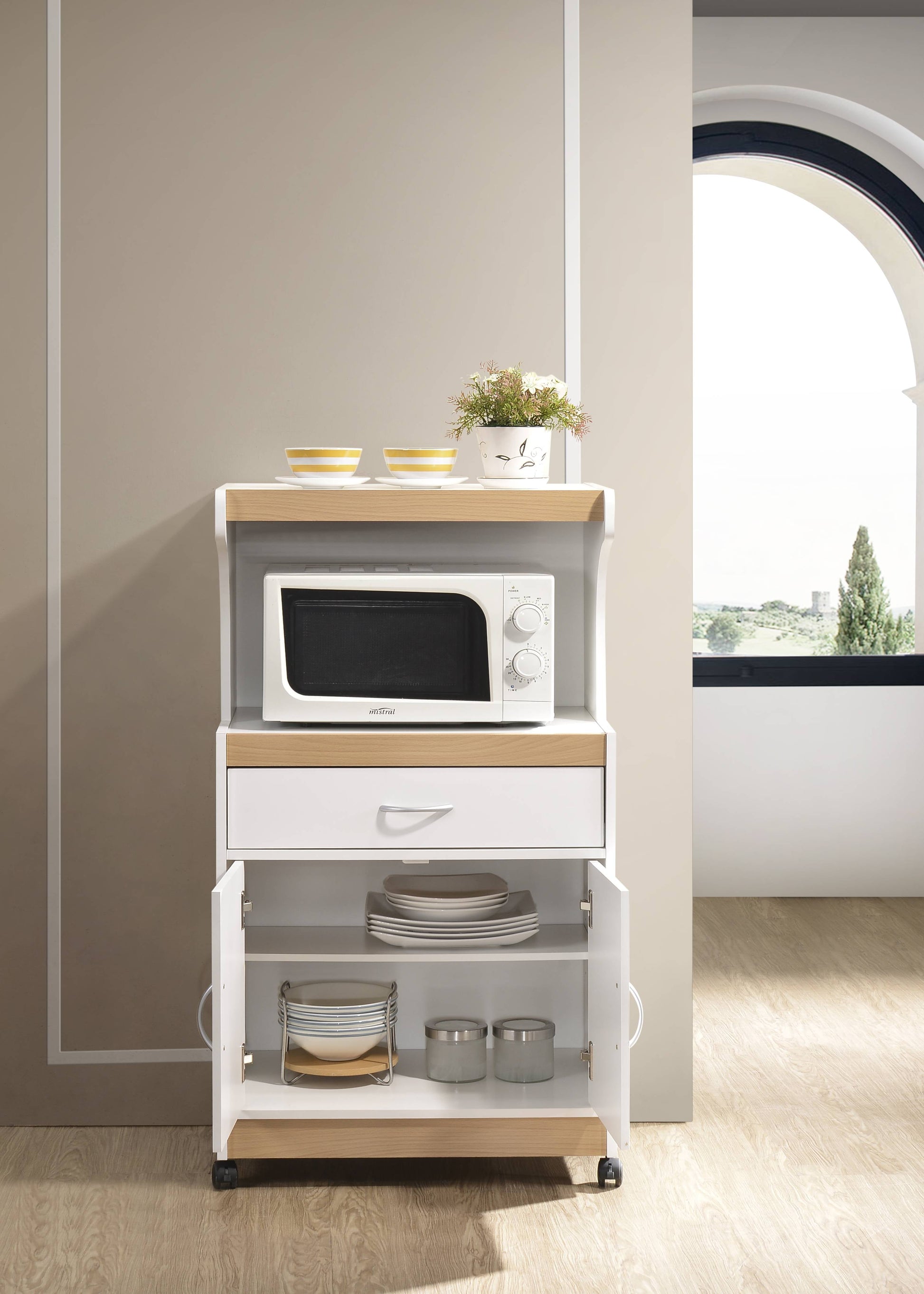 Hodedah Microwave Kitchen Cart, White