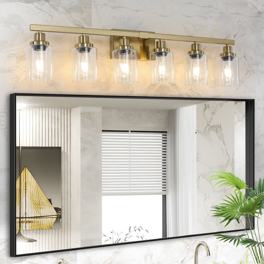 Holaki 37" 6-Light Vanity Light with Clear Glass Shades, Modern Iron Metal Bathroom Wall Fixture for Mirror, Ideal for Bathroom and Dressing Table, Golden (E26, No Bulbs)