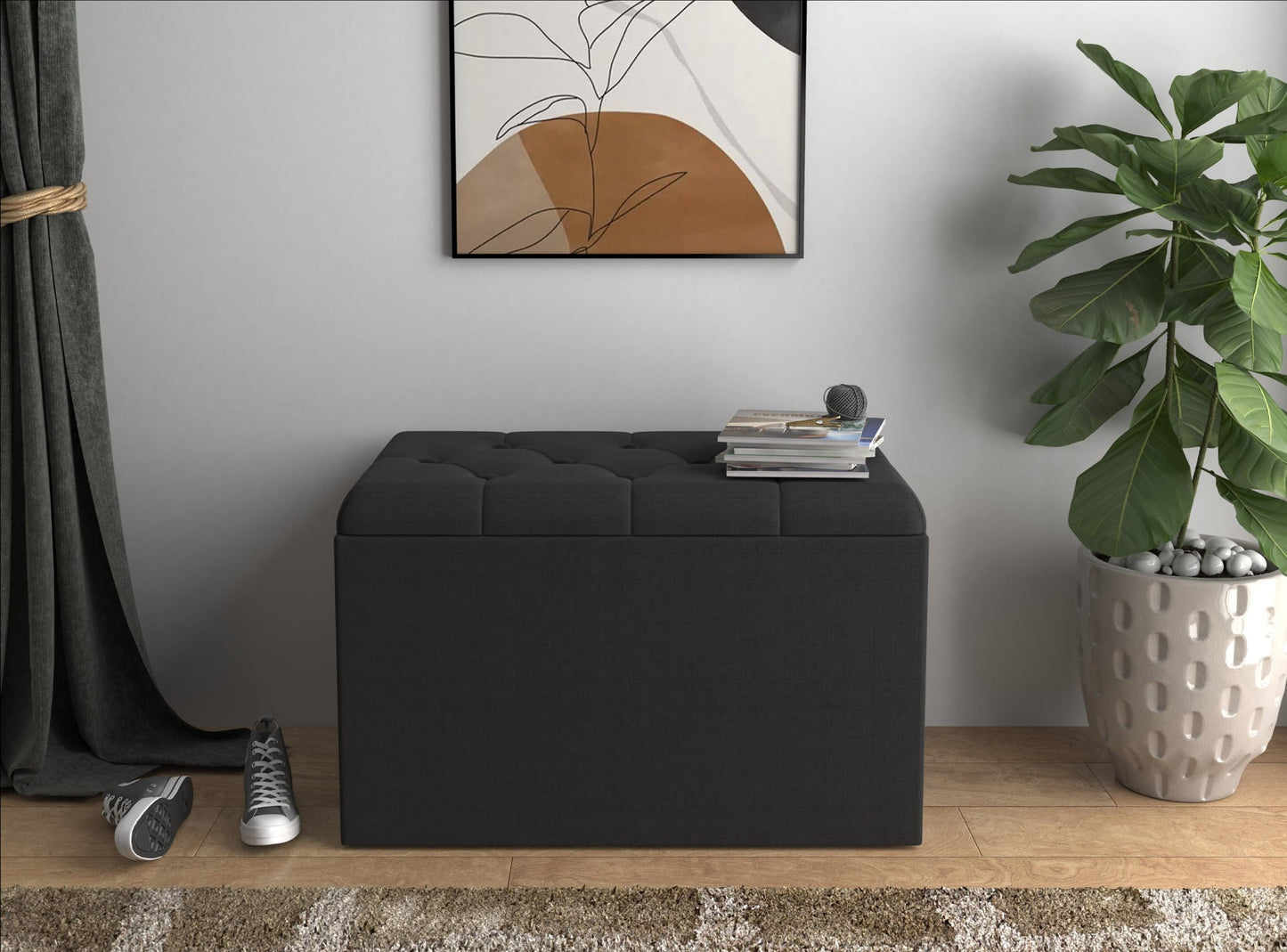 Home Design Arya Upholstered 30" Flip Top Storage Bench with Button Tufted Velvet Seat, Foam Padding, and Hidden Storage, Multi-Purpose Entryway or Bedroom Seating, Black