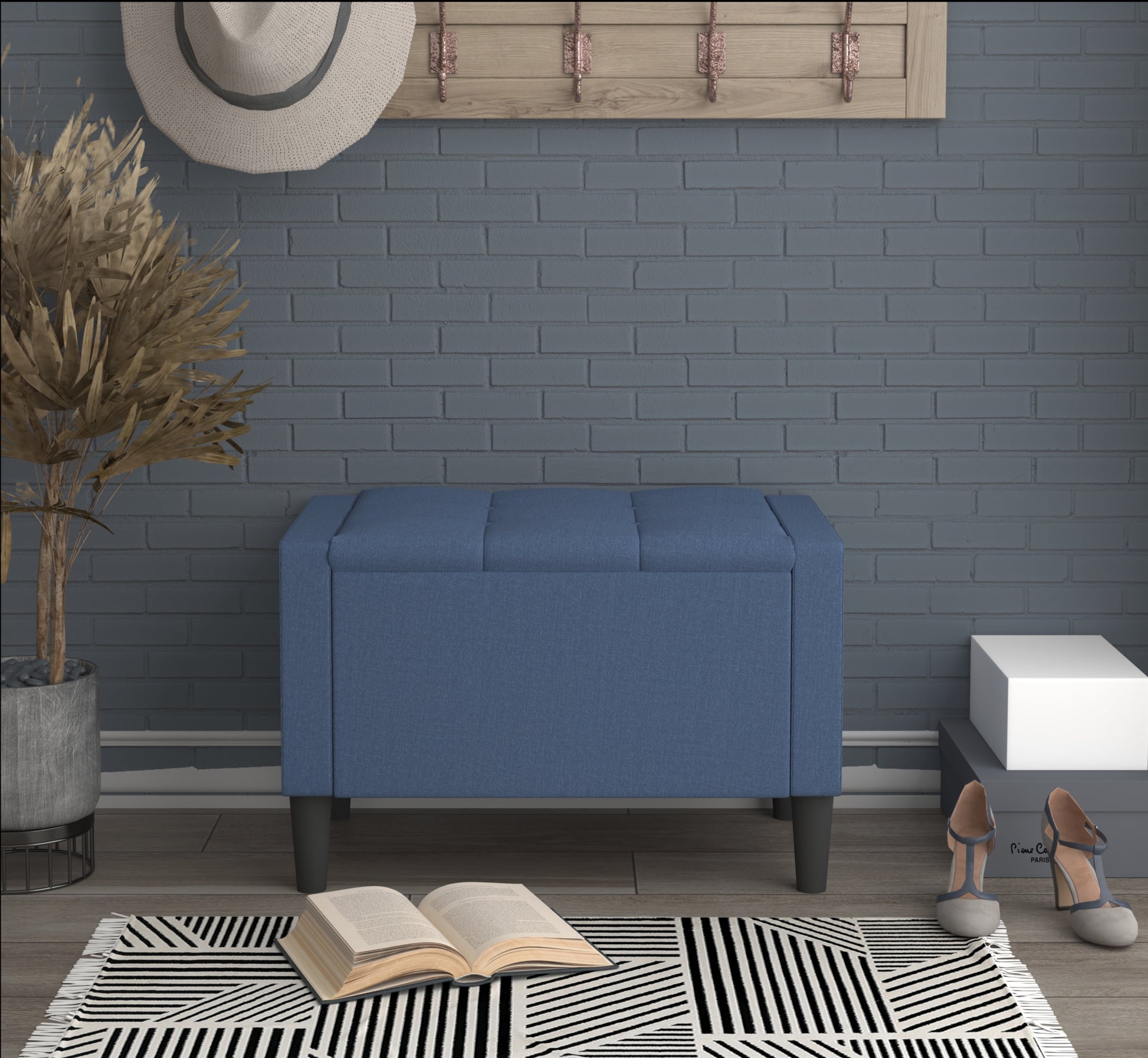 Home Design Braylen Upholstered 29" Flip Top Storage Bench with Button Tufted Velvet Seat, Spacious Hidden Storage, Modern Rectangular Design for Bedroom or Living Room, Denim Blue