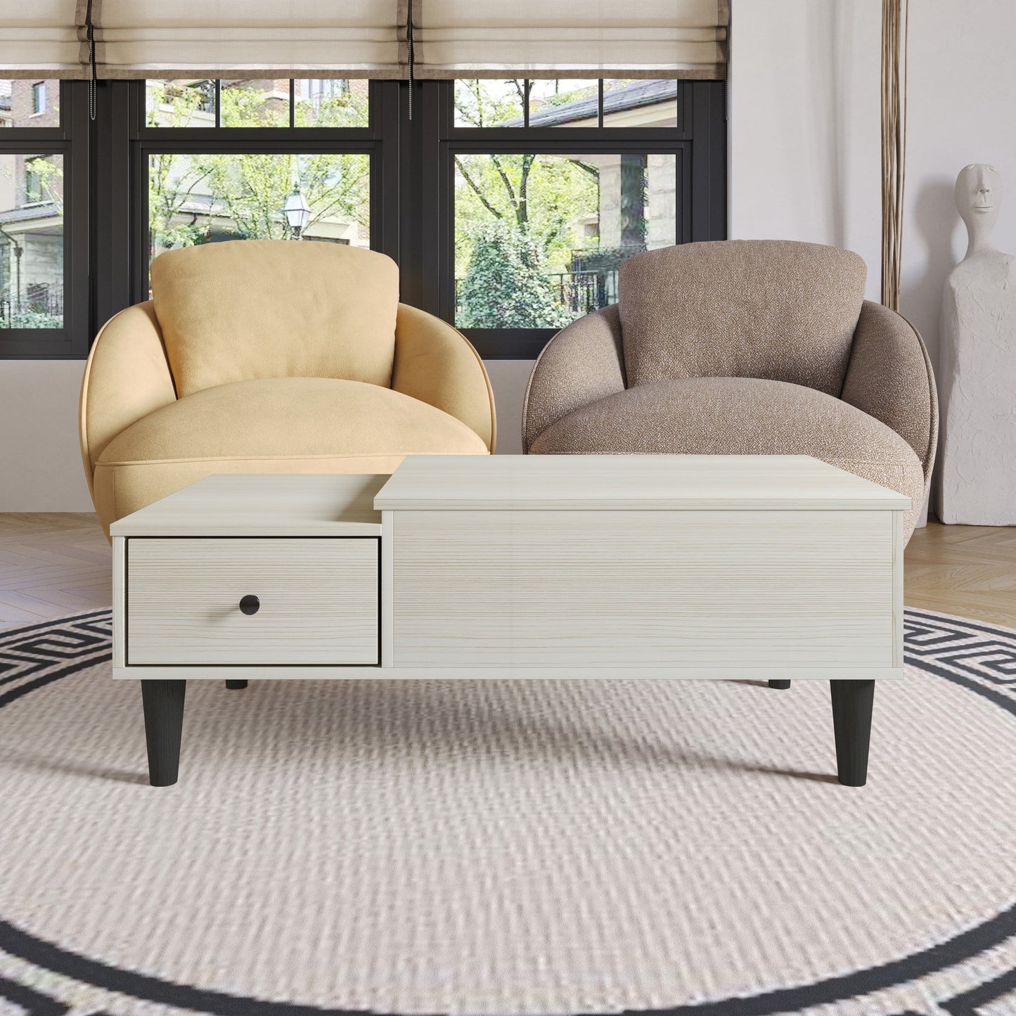 Home Design Caribou Lift-Top Coffee Table with Hidden Storage Compartment and Side Drawer, Sturdy Legs, Modern Design for Living Room, Light Gray Finish