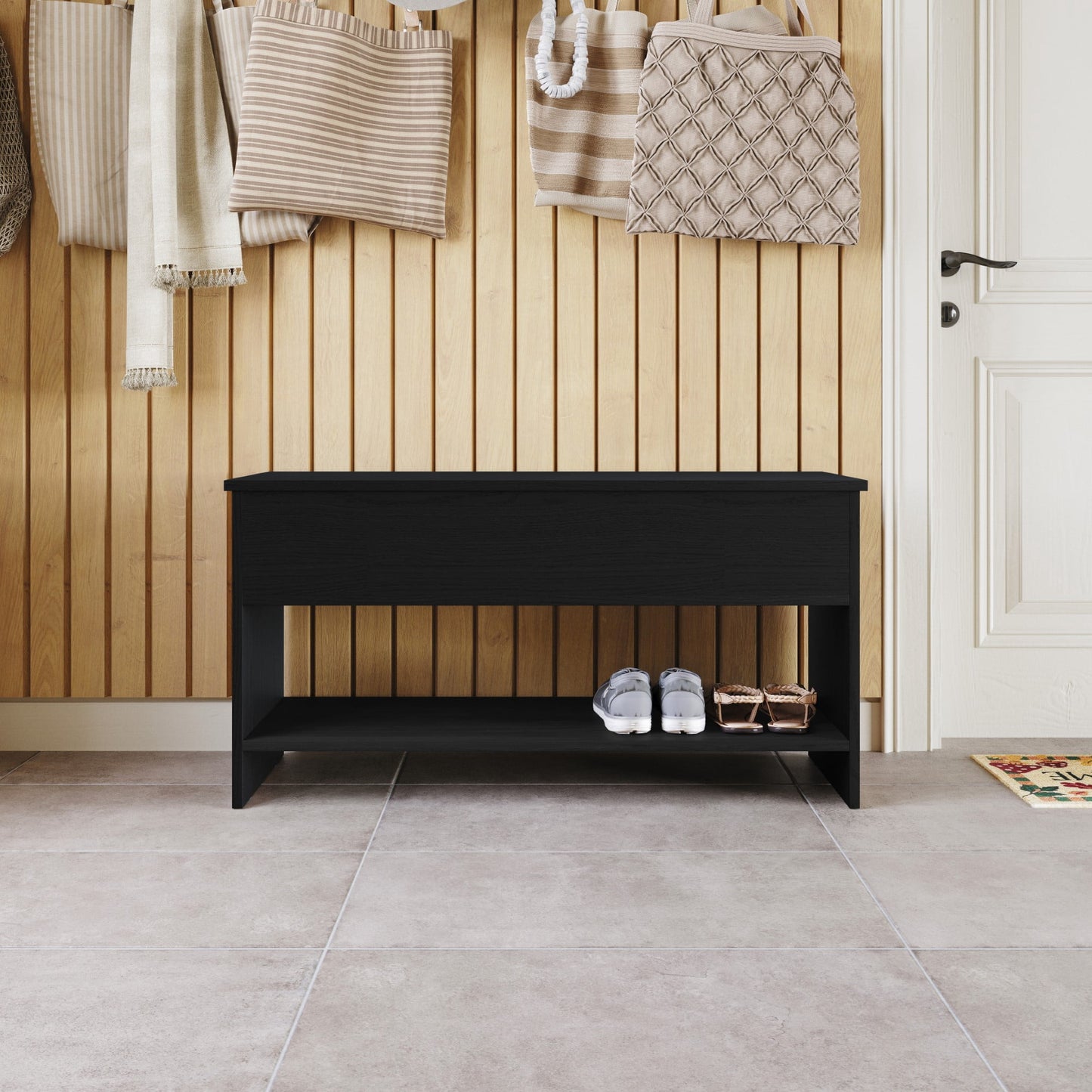 Home Design Glendive Storage Cabinet Bench with Hidden Compartment, Sturdy Construction, Multi-Purpose Design for Entryway, Bedroom, or Living Room, Black