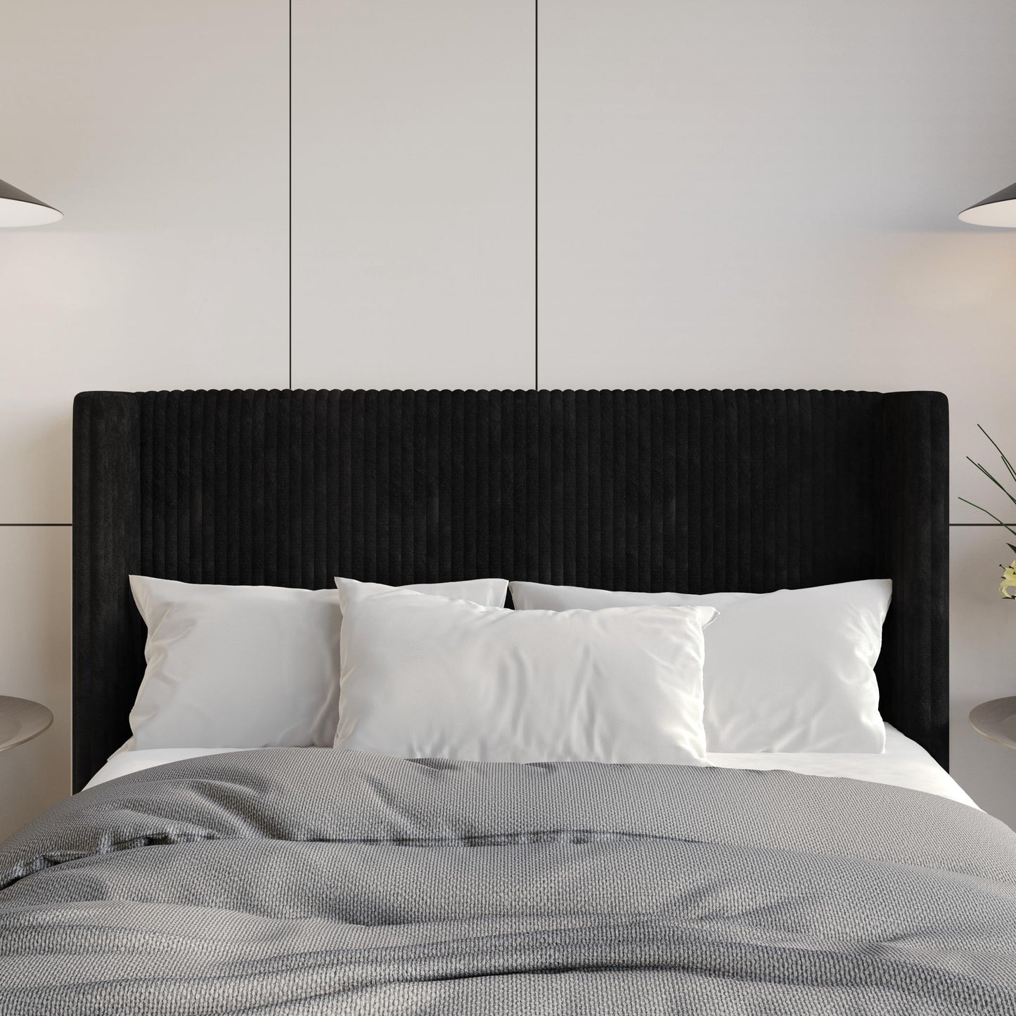 Home Design Lenox Queen Upholstered Wingback Headboard, Soft Corduroy, Black, Easy to Assemble
