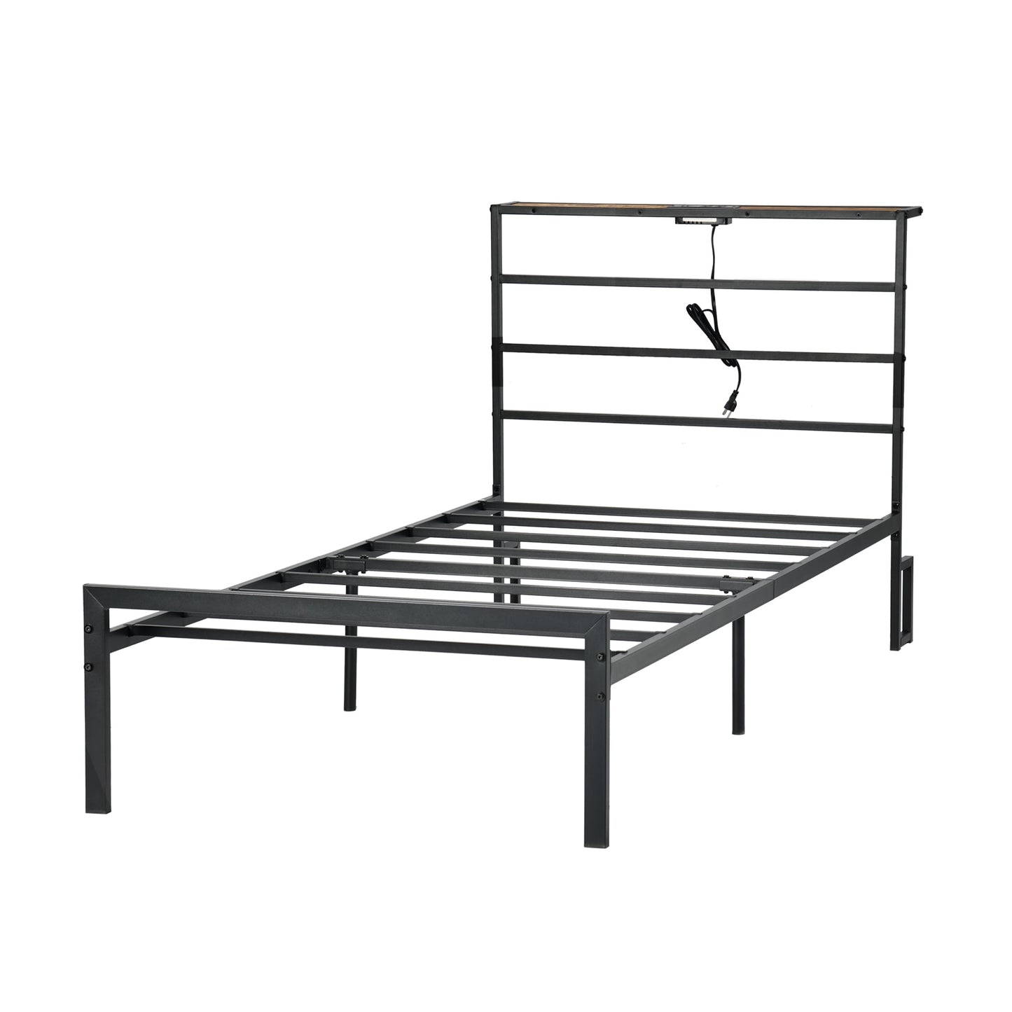 Homy Casa Full Size Metal Bed Frame with Headboard, Built-in Power Outlet, Sturdy Support for Single Beds, Black