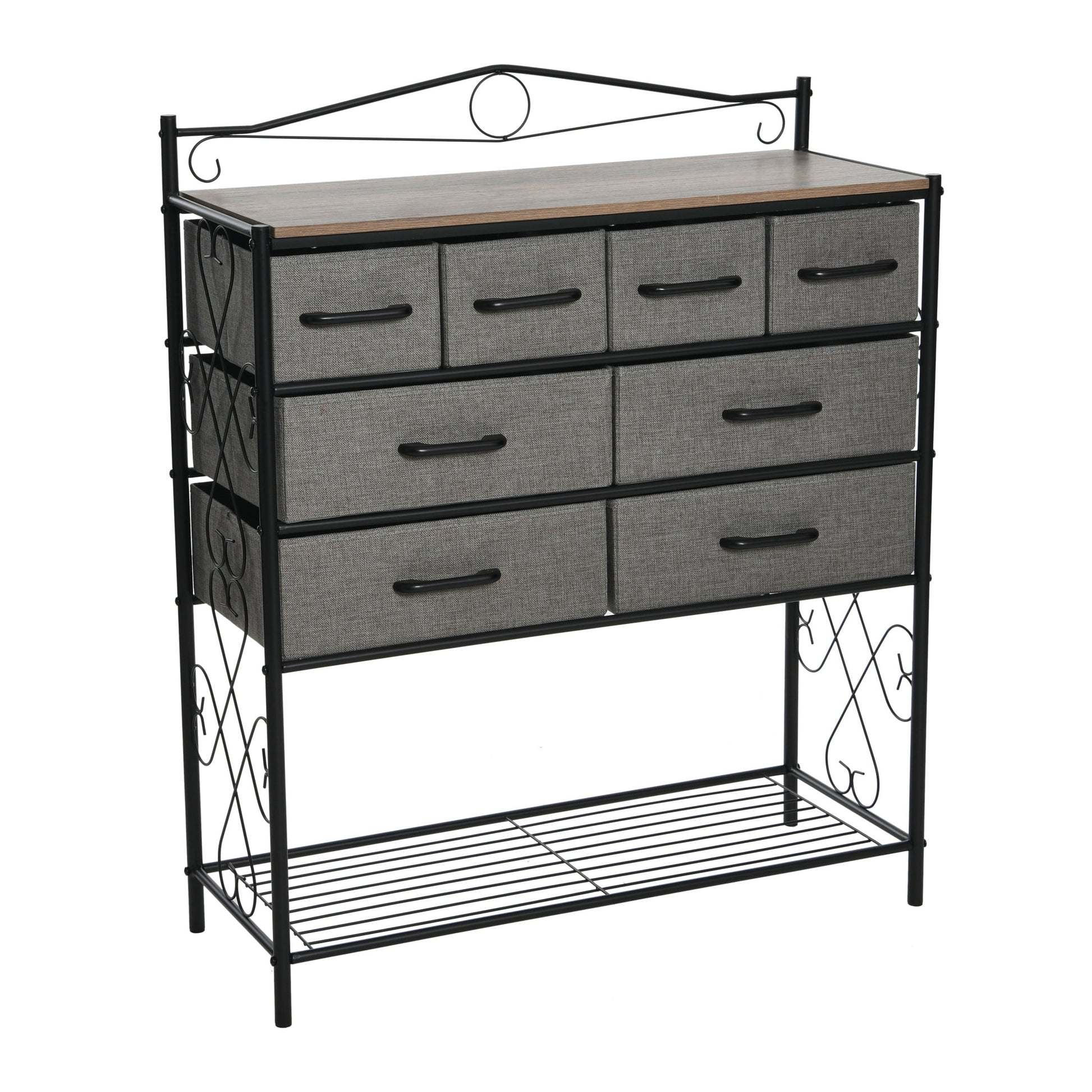 Household Essentials Victoria Dresser Table Storage Organizer with 8 Drawers and Shoe Shelf Black Metal Frame and Ashwood Rustic Wood Grain Top
