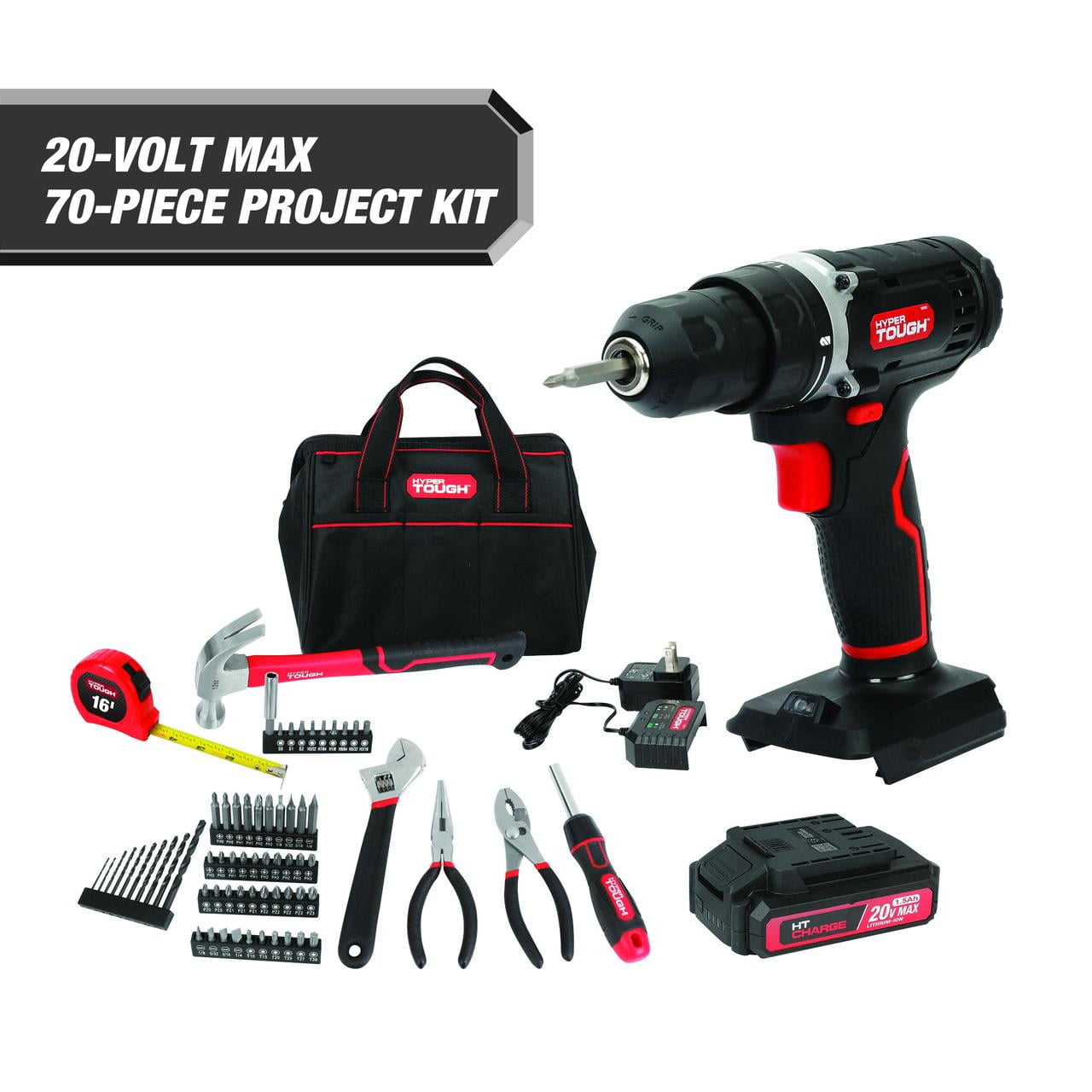 Hyper Tough 20V 70-Piece Cordless Drill Project Kit with 1.5Ah Battery