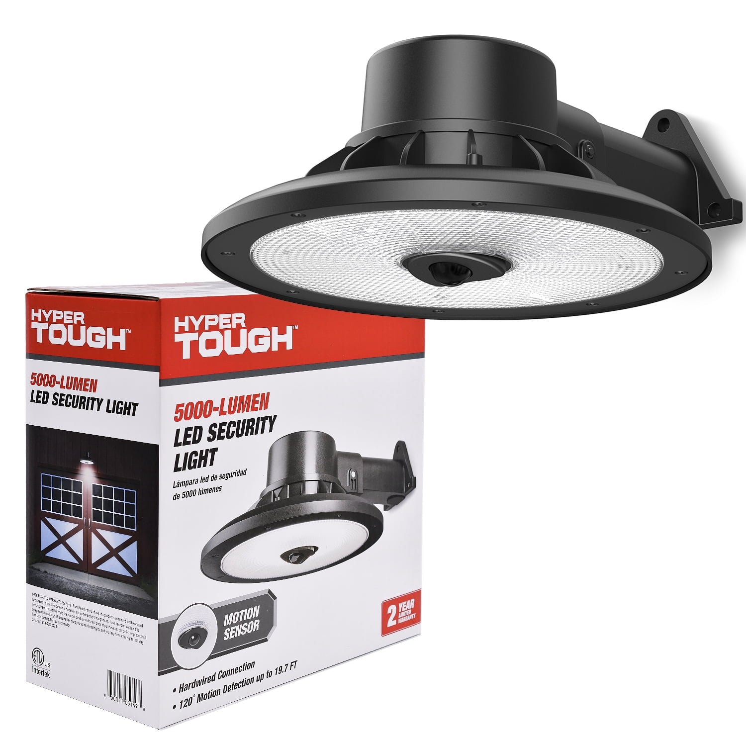 Hyper Tough 5000-Lumen Hardwired LED Area Light, Motion Detection, Dusk-to-Dawn, Integrated LED, Outdoor Barn Light, Wall or Pole Mount, Black