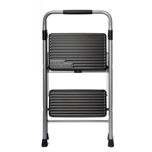 Hyper Tough Gray & Black 2-Step Steel Large Platform & Foldable Step Stool â€“ Holds up to 225 Pounds