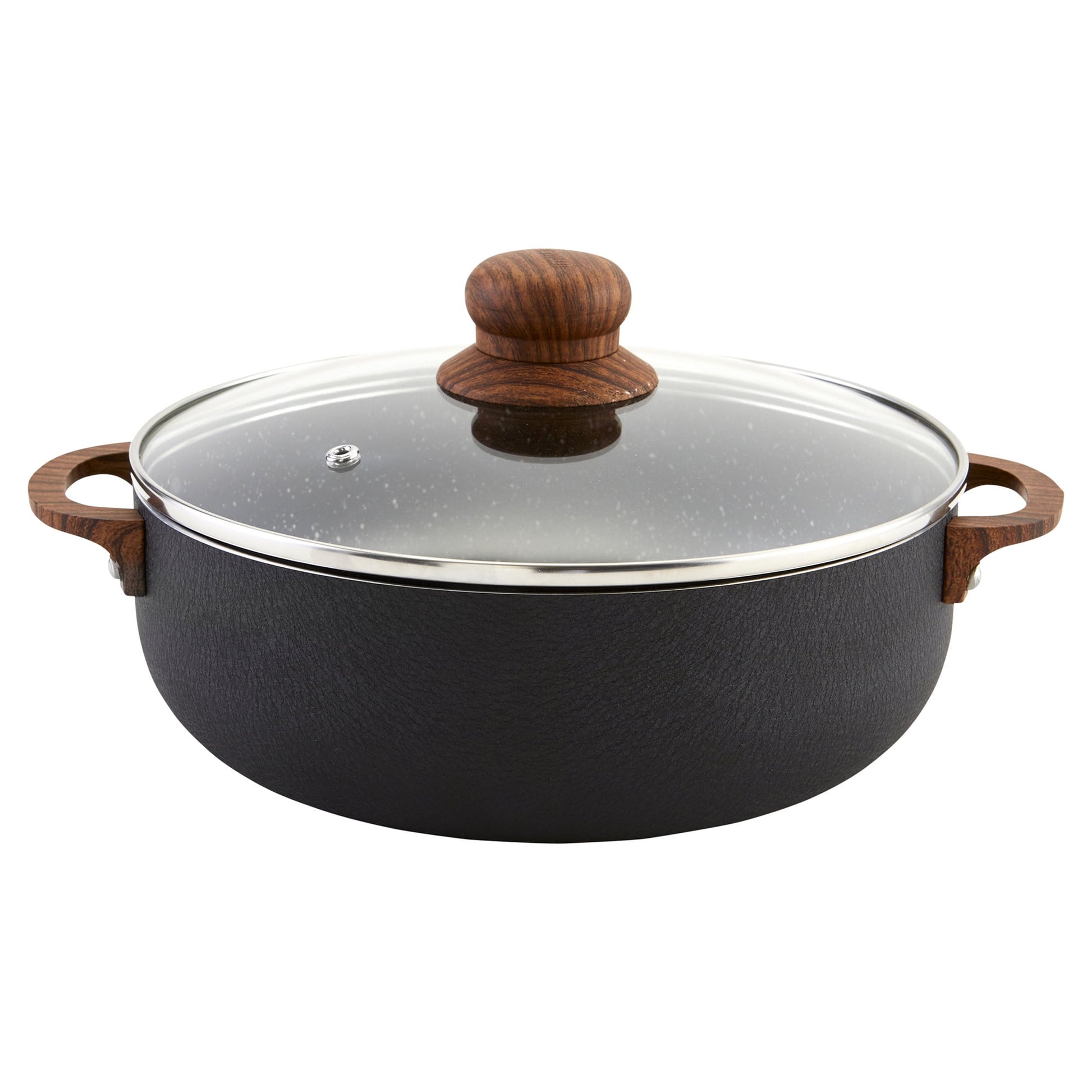 IMUSA 13.5qt Black Stone Aluminum Speckled Nonstick Caldero with Glass Lid & Wood Look Handles, Black