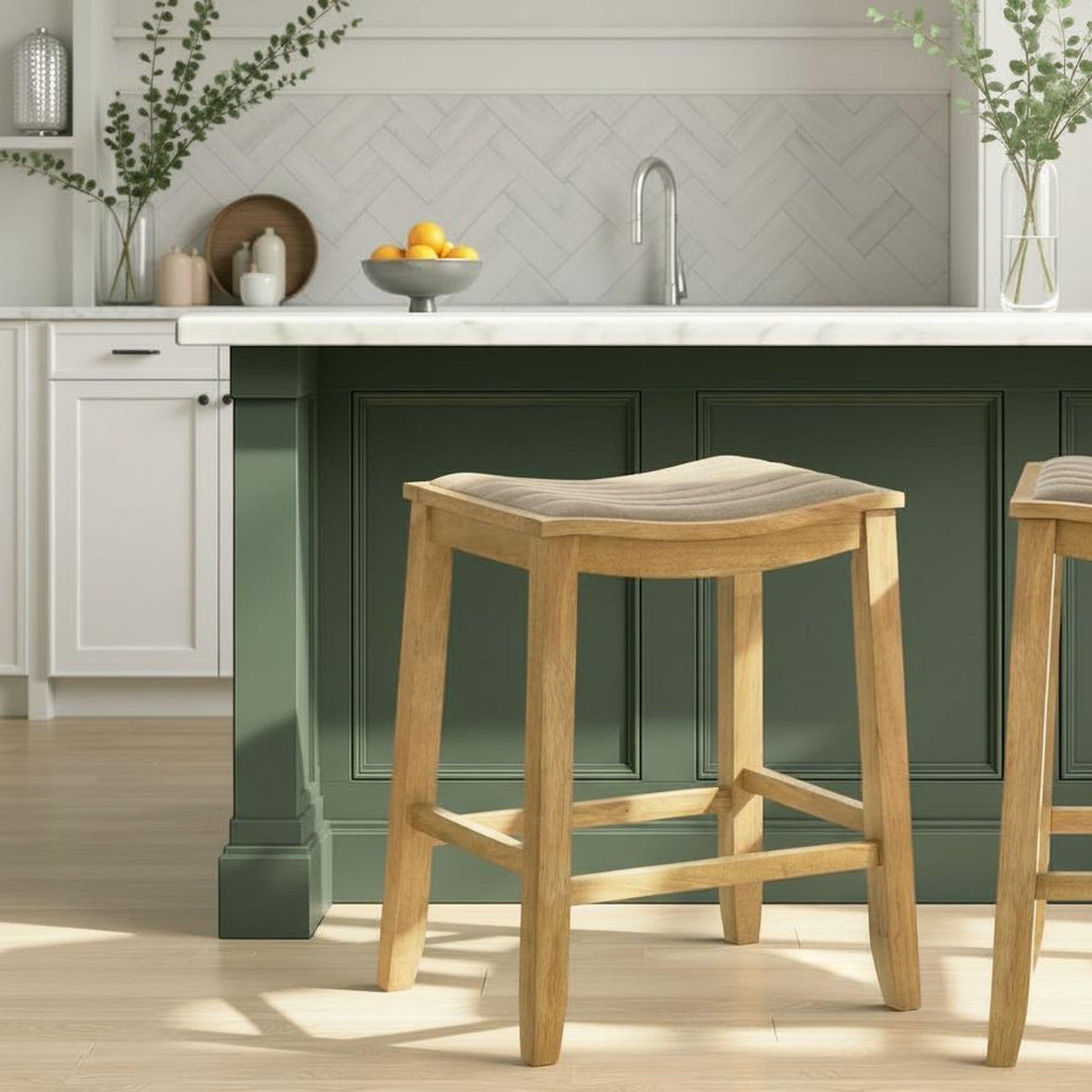 Iyani Coastal Modern Wood Counter Height Kitchen Bar Stool in Amber Glow Finish with Twilight Taupe Fabric Upholstered Seat