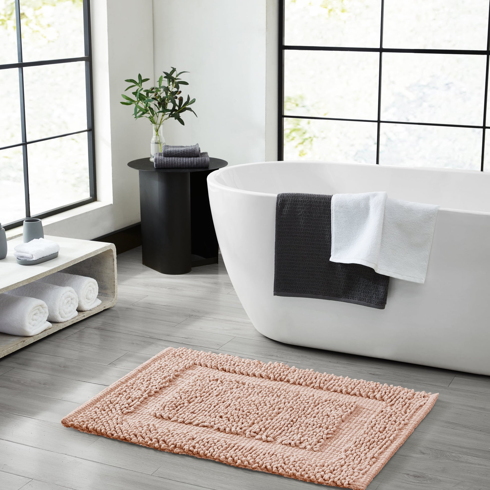 Jean Pierre New York Sophie Border 100% Cotton Bath Mat - Non-Slip Bath Rug - Pink Dusty Rose - 27" x 45"
