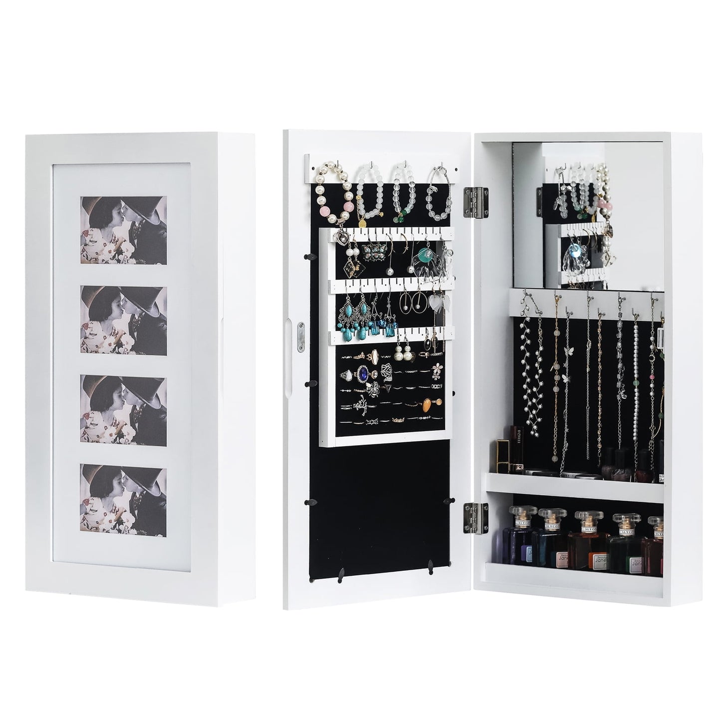 Jewelry Mirror Cabinet PVC Wood Grain Coating Photo Storage Damp-proof, White