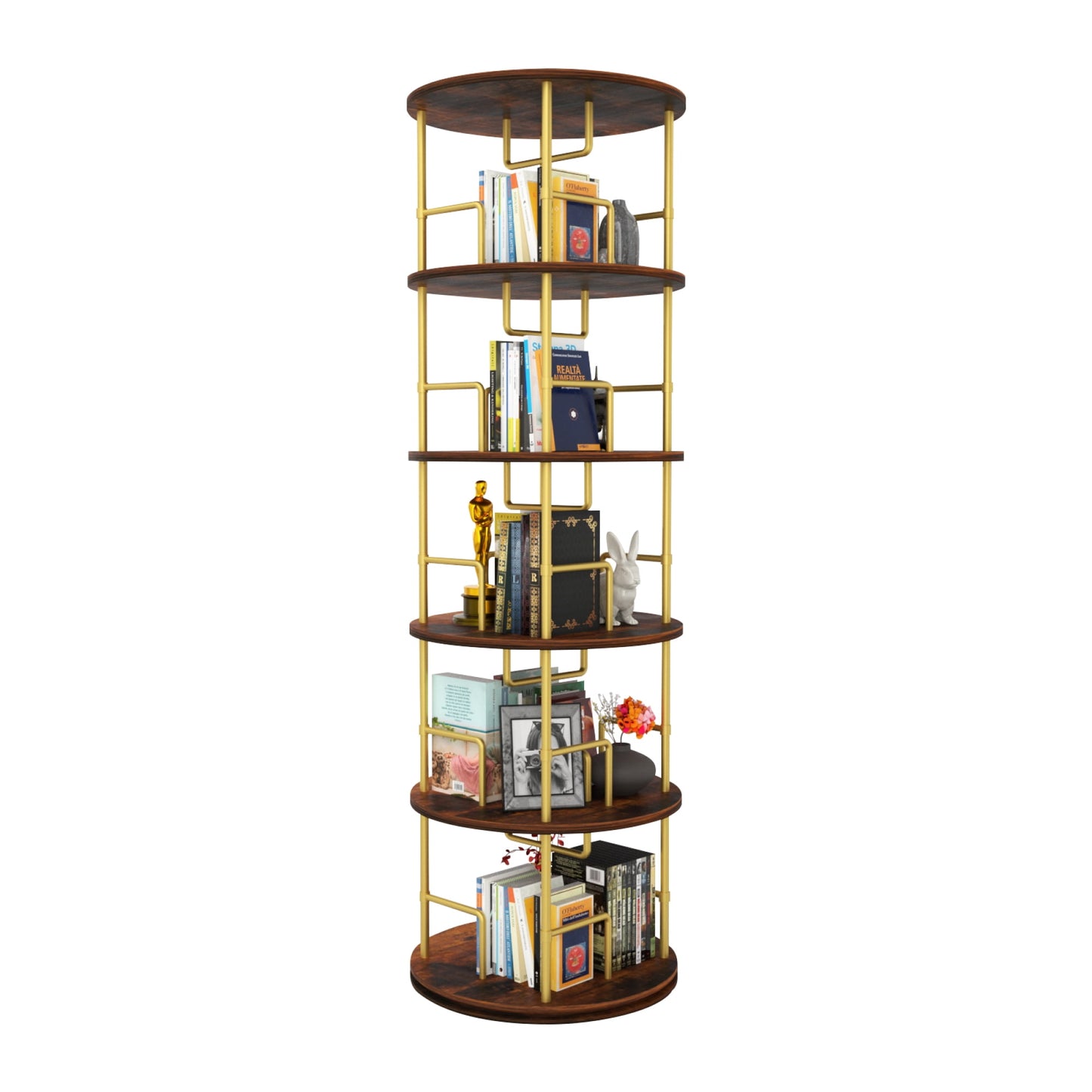 Jopath 5 Tier Rotating Bookshelf, 360Â° Display Round Spinning Bookshelf, Stackable Spinning Bookshelf Tower, Space Saving Floor Standing Swivel Bookcase for BedroomOffice, Gold