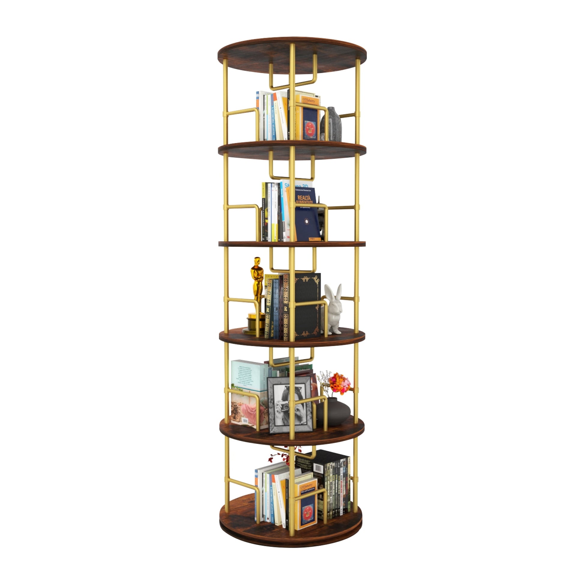 Jopath 5 Tier Rotating Bookshelf, 360Â° Display Round Spinning Bookshelf, Stackable Spinning Bookshelf Tower, Space Saving Floor Standing Swivel Bookcase for BedroomOffice, Gold