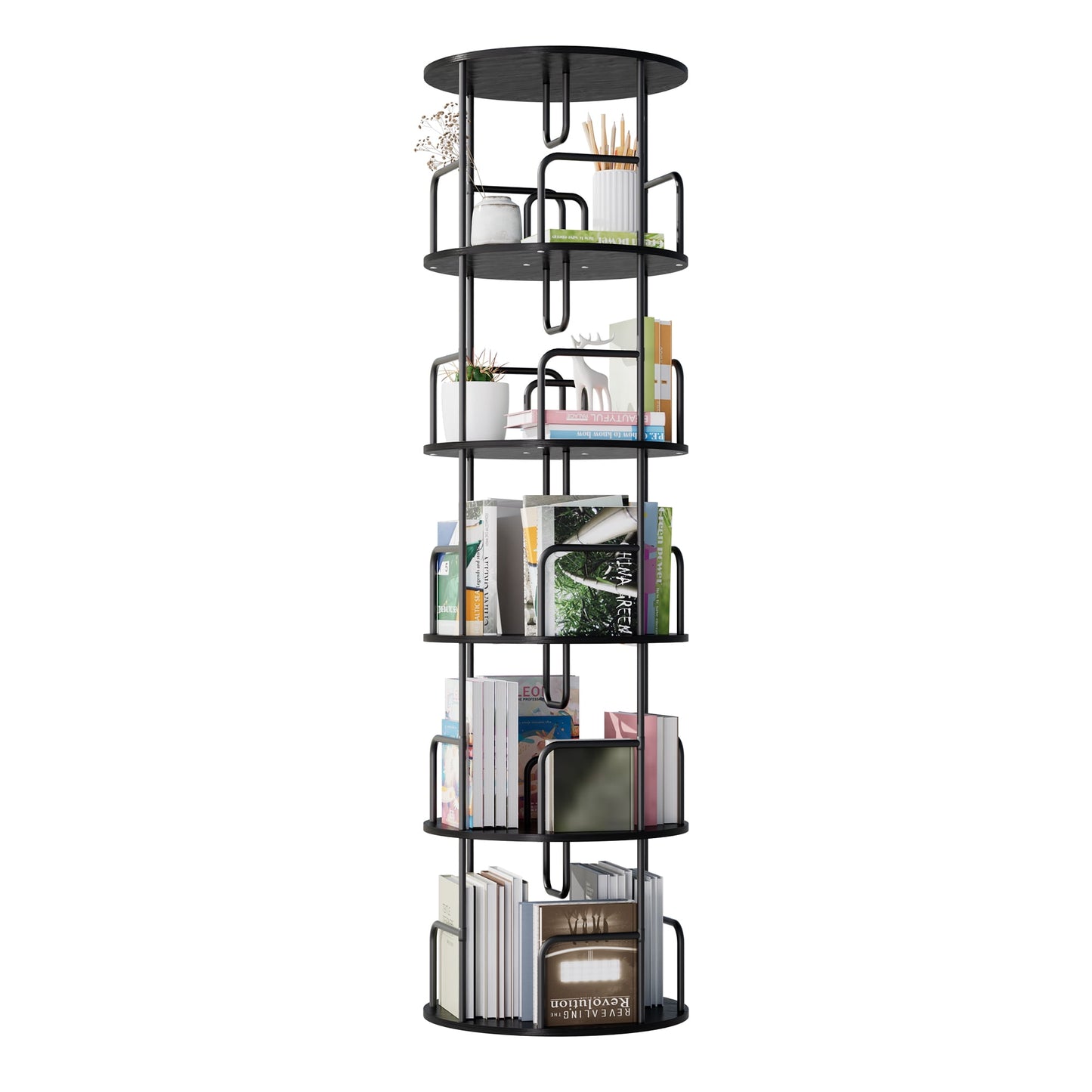 Jopath Living Room Display Shelves,Rotating Bookshelf Tower 5 Tier,360Â° Display Round Spinning Bookshelf,Wood & Metal Stackable Spinning Bookshelf Tower For Bedroom, Living Room,Black