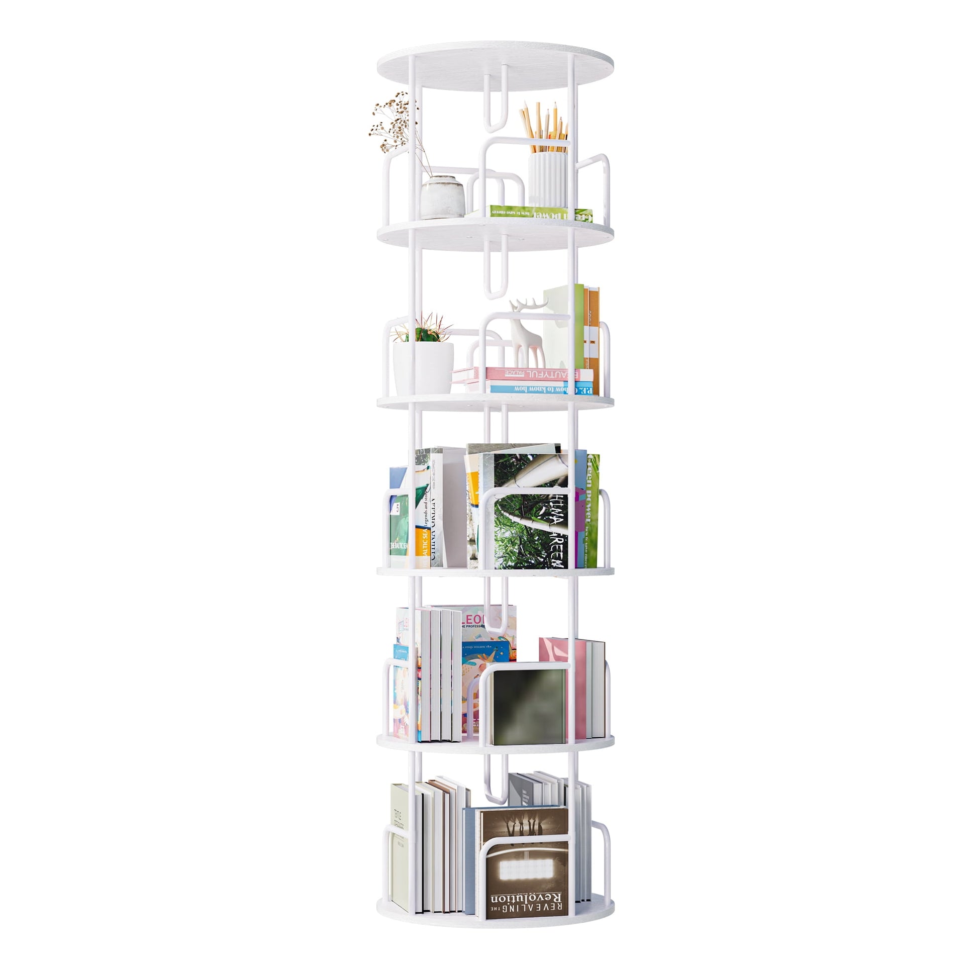 Jopath Living Room Display Shelves,Rotating Bookshelf Tower 5 Tier,360Â° Display Round Spinning Bookshelf,Wood & Metal Stackable Spinning Bookshelf Tower For Bedroom, Living Room,White