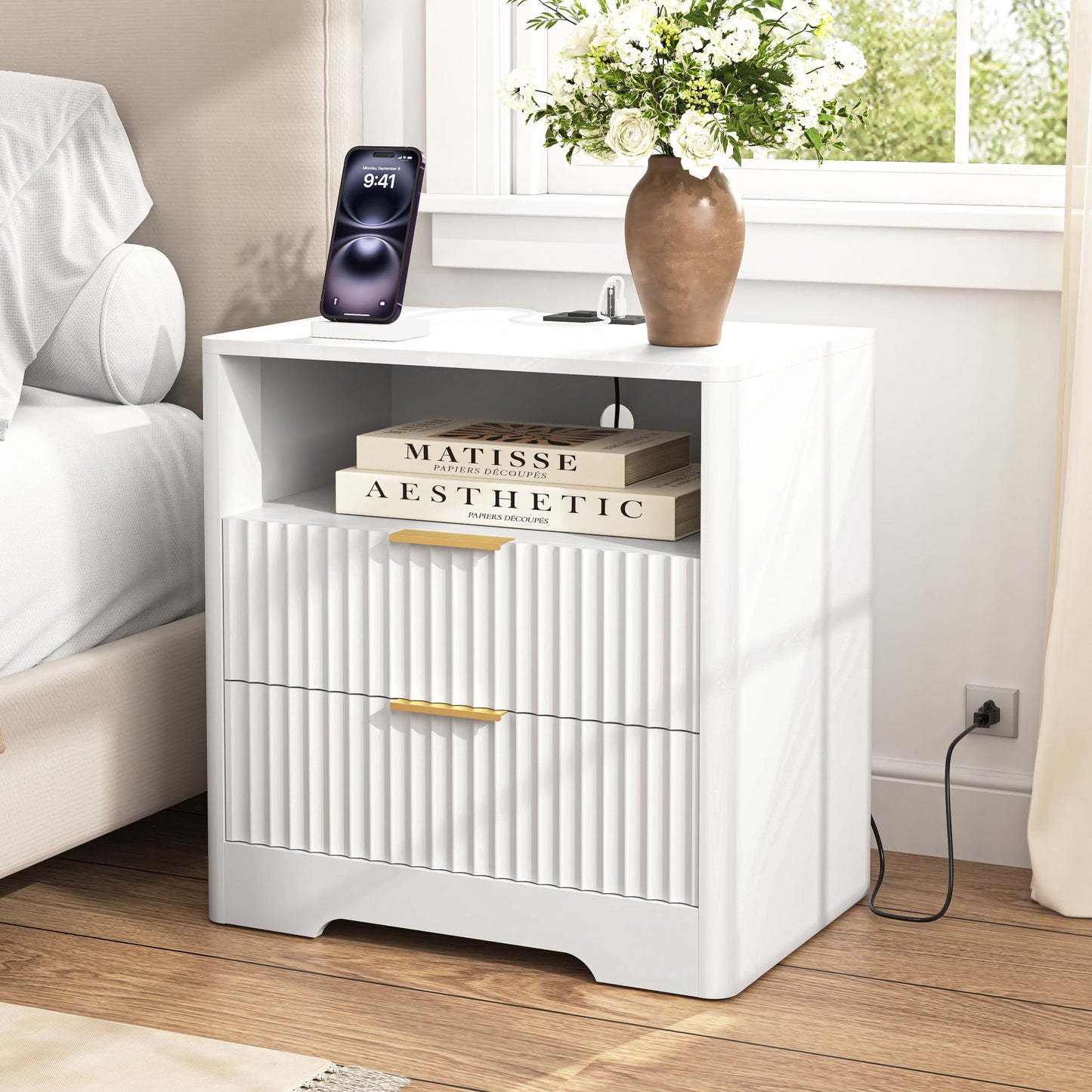 Jopath Nightstand with 2 Drawers,Smart Nightstand Bedside Tables with Night Light,Modern End Table for Bedroom,Living Room,White