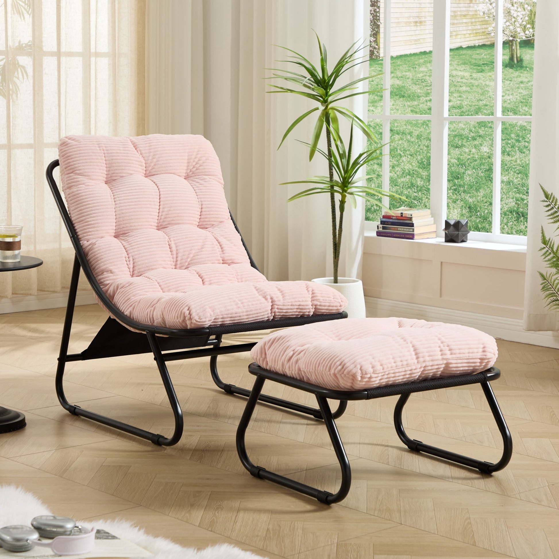 Jopath Outdoor Lounge Chair with Ottoman, Comfy Sling Recliner Chair with Puffy Cushion and Foot Stool for Living Room Bedroom Reading Room Pink