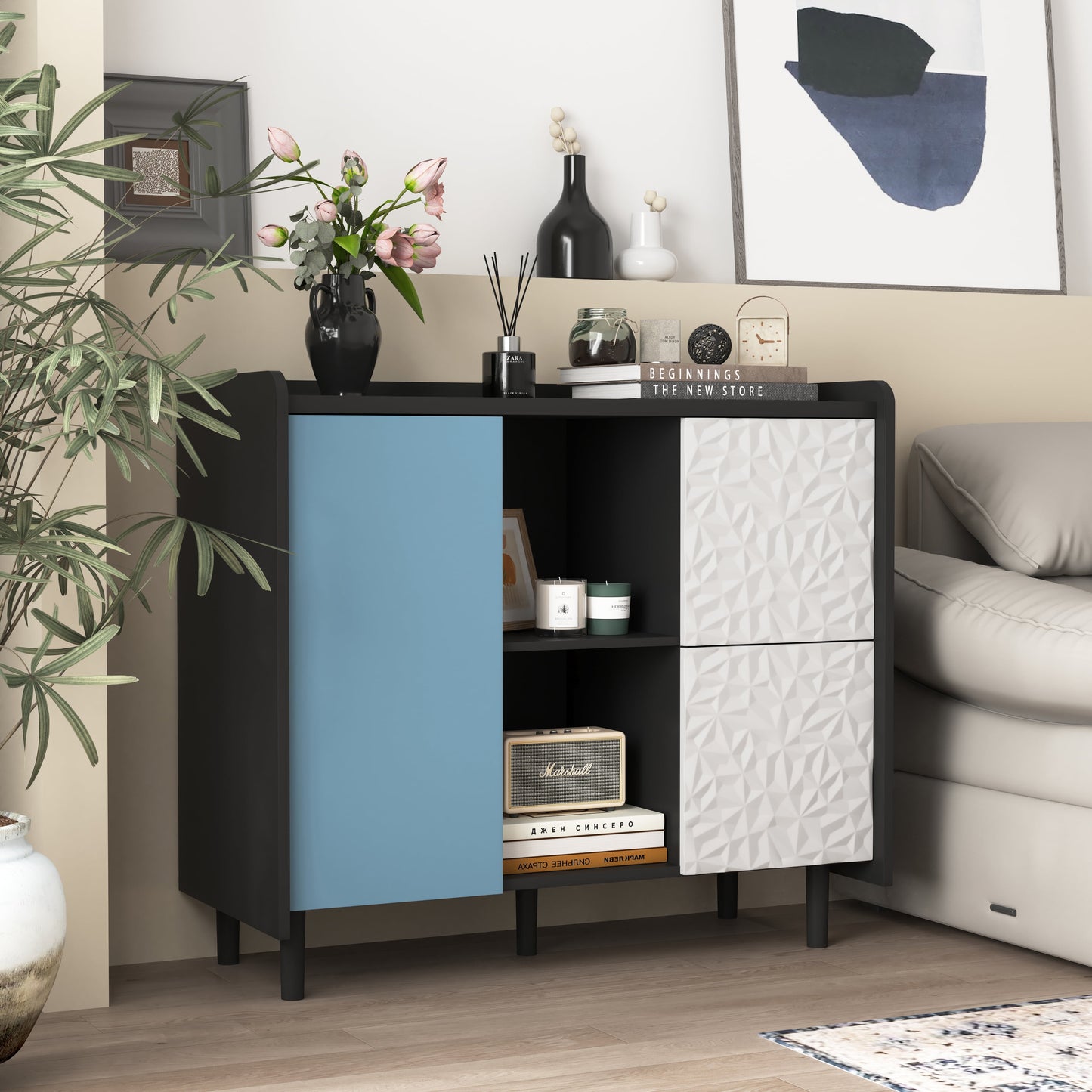 Jopath Sideboard Buffet Cabinet,Modern Accent Console Cabinet with 2 Drawers & 2 Open Storage Compartment for Living Room,Dining Room,Entryway,Black+Blue