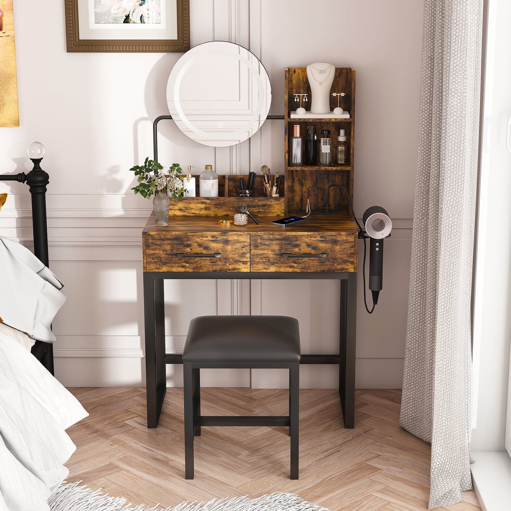 Jopath Vanity Desk with Mirror and Lights,Makeup Vanity Table with 5 Drawers and Metal Leg,Dressing Table for Bedroom,Dressing Room,White