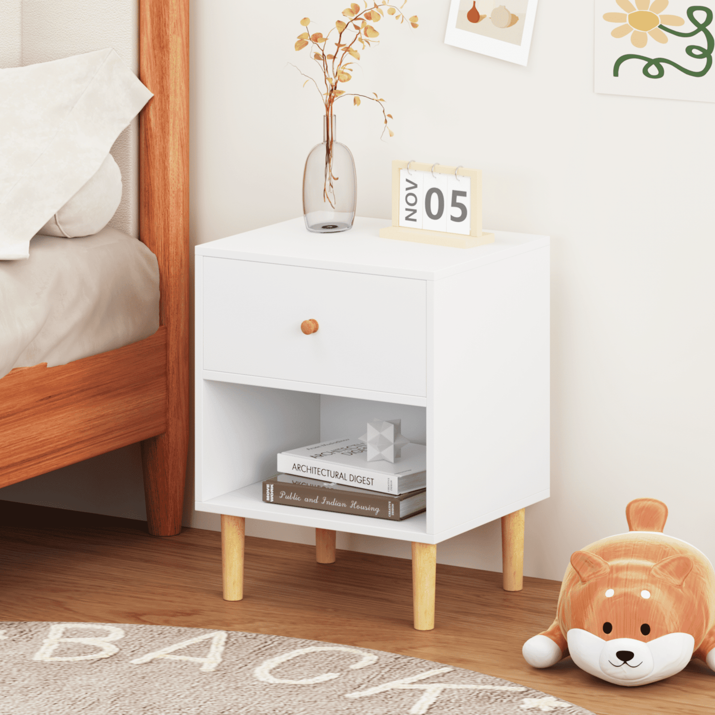 Jopath Mesita de Noche de Madera con Cajones y Estante Mesa Auxiliar para Apartamentos, Dormitorio, Blanco02
