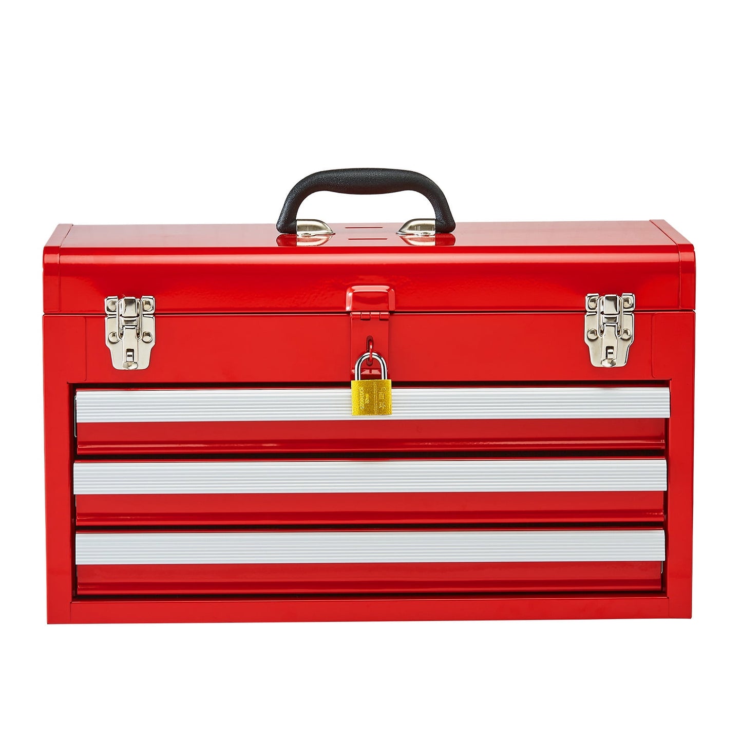 KFFKFF 20.5-Inch Portable Metal Tool Box with 3 Drawers, Small Tool Chest Featuring EVA Liners, Ball-Bearing Slides, Lockable Design, and Powder-Coated Finish, Red Multi-Purpose Organizer
