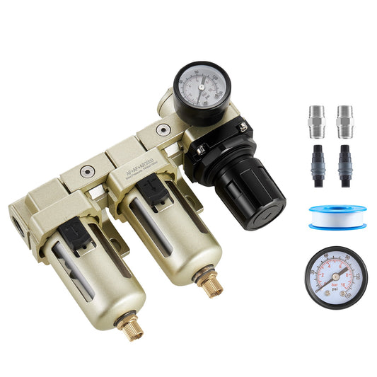 KFFKFF 3/8" NPT Dual-Stage Air Compressor Filter Regulator, Semi-Auto Drain System with 25Î¼m + 5Î¼m Brass Filters, 145 PSI Max Pressure, Polycarbonate Bowl