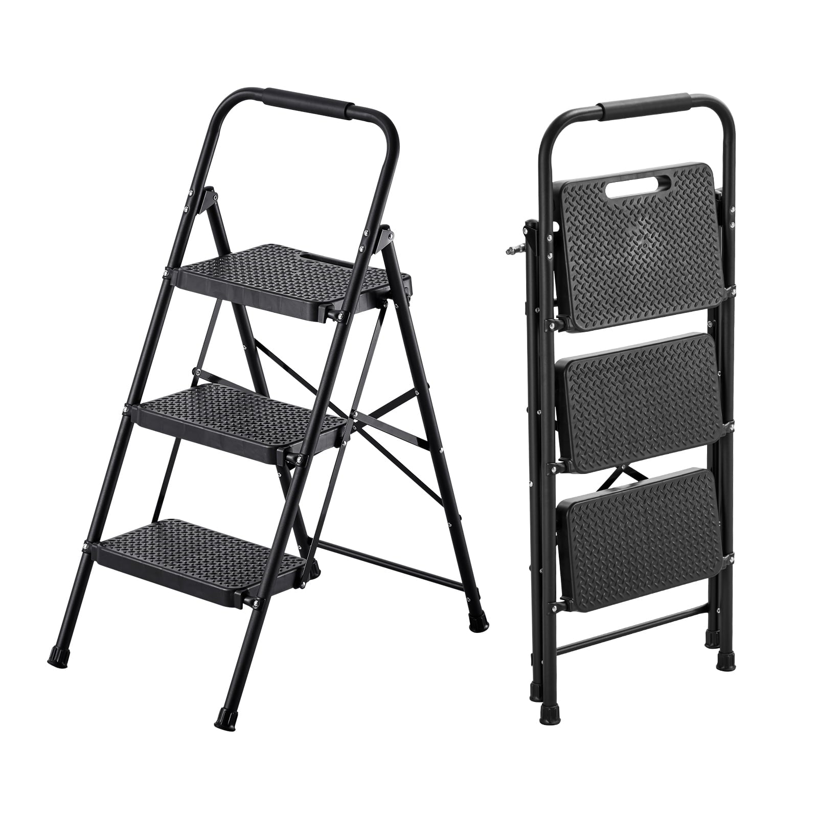 KFFKFF 3-Step Folding Ladder with Wide Non-Slip Pedals and Comfortable Handgrip, Lightweight Steel Design with 600 lbs Capacity, Versatile Use for Kitchen, Home, Office, and More, Black