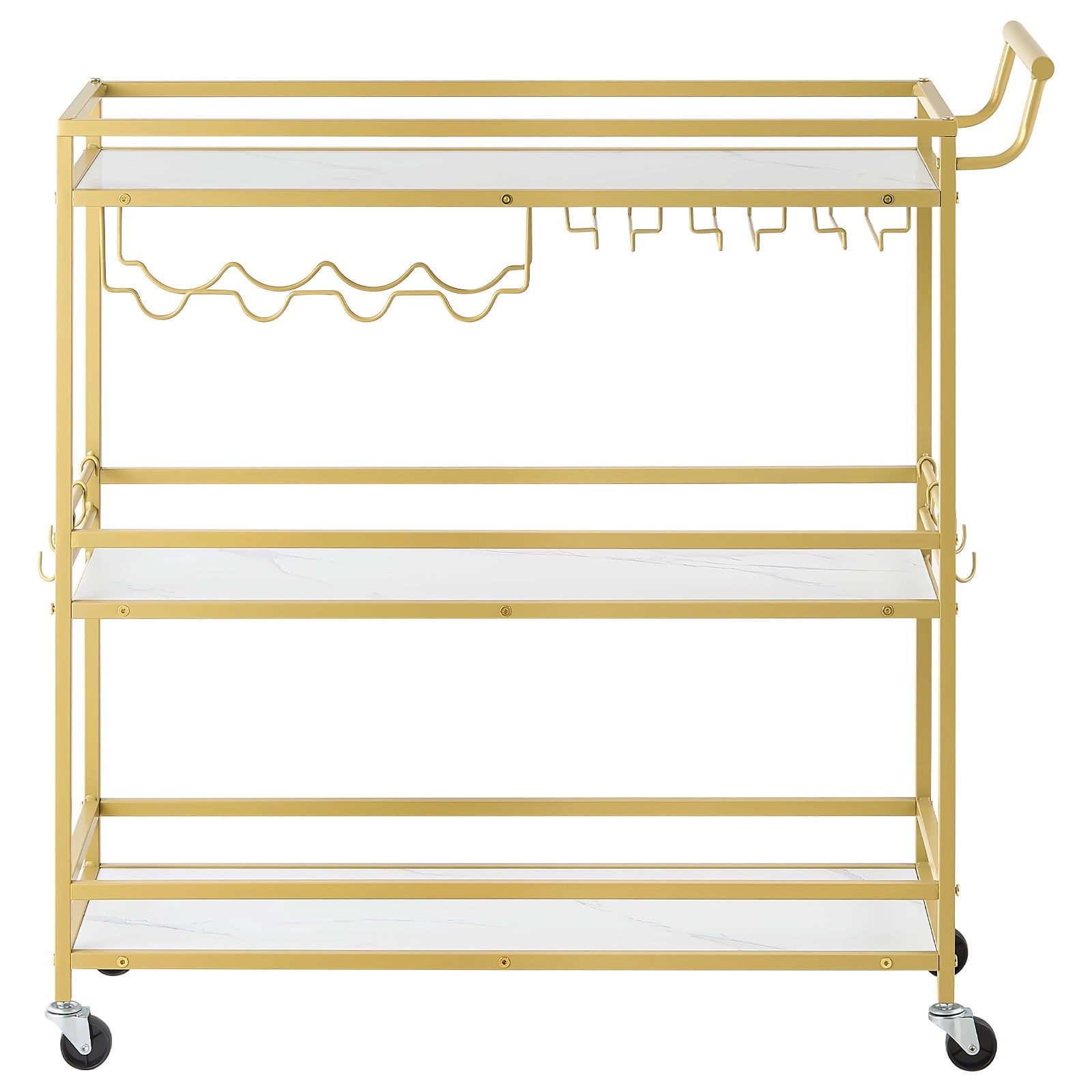 KFFKFF 3-Tier Bar Cart with Wheels, Modern Rolling Utility Cart for Home and Kitchen, Mobile Beverage Trolley with Wooden Shelves, Wine Rack, and Glass Holder, 35.83x12.99x36.81 in, Gold