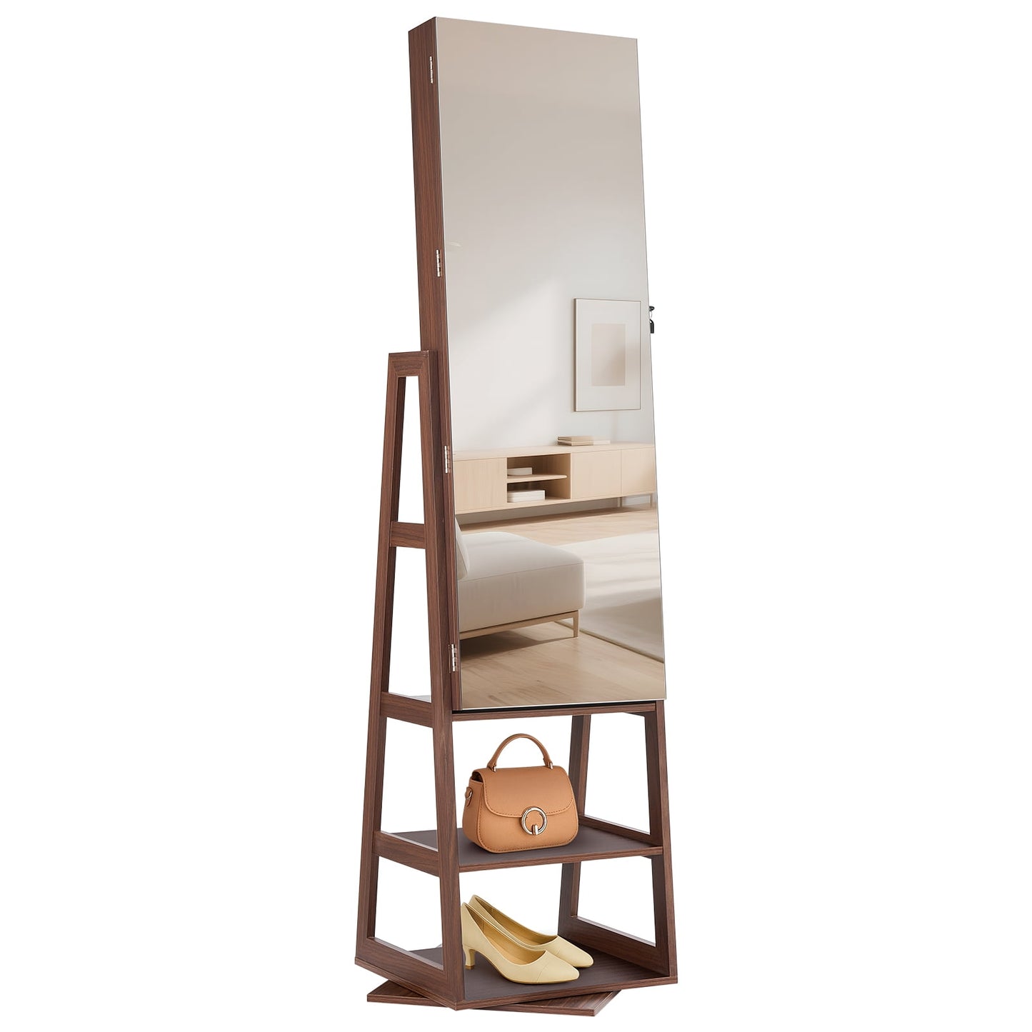 KFFKFF 360Â° Rotating Jewelry Cabinet, 61-inch Tall, Full-Length Mirror with Storage, Standing Jewelry Organizer with Lockable Door, Accessory Pouches, and Shelves