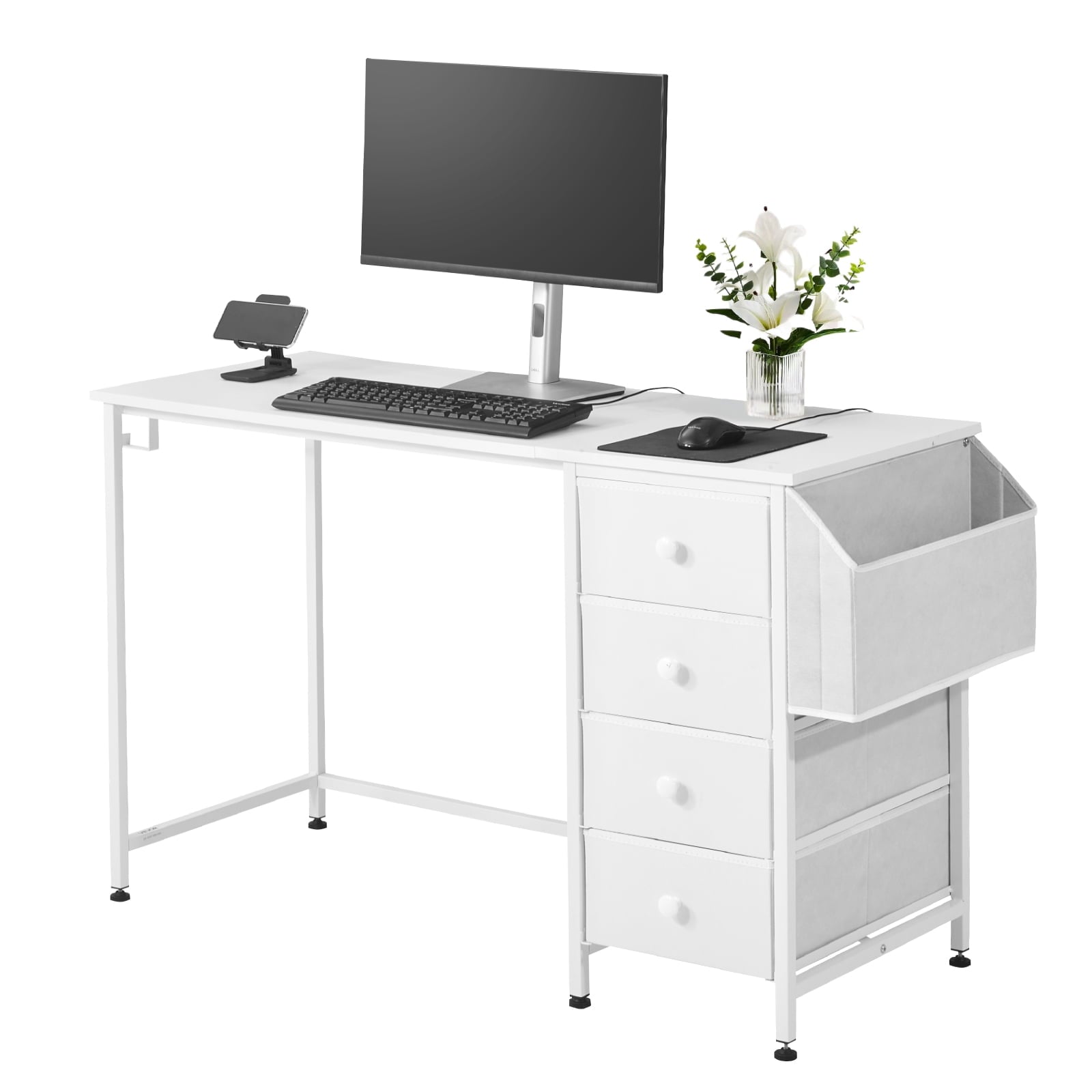 KFFKFF 47" Computer Desk with 4 Drawers, Modern Study and Work Table for Home Office or Bedroom, Simple PC Desk with Metal Frame, White