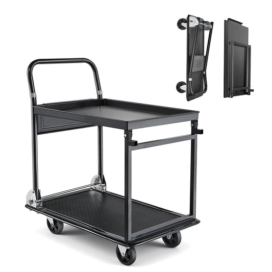 KFFKFF Foldable Push Cart Dolly, 700 lbs Capacity, Heavy Duty Platform Hand Truck with Wheels, Durable Steel Construction, 2-Tier Flatbed Cart for Warehouse, Garage, Workshop, 28.7 x 18.5 x 32.3 in
