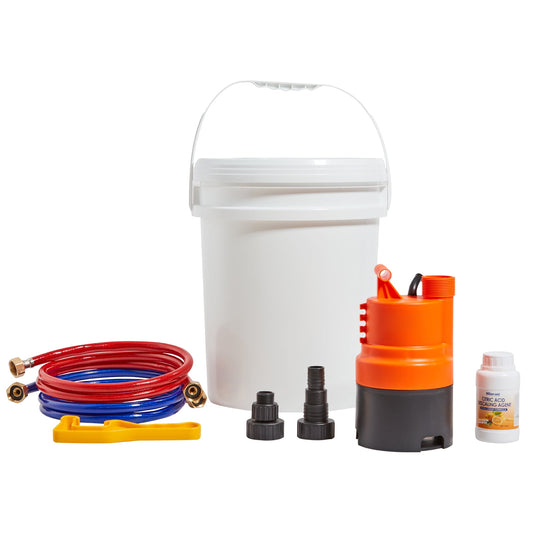 KFFKFF Instantaneous Water Heater Cleaning Set, Comes with High-Performance Pump, 5 Gallon Bucket, 2 Tubes, Descaling Compound, Spanner and Connector for Swift Assembly, Water Heater Rinse Kit