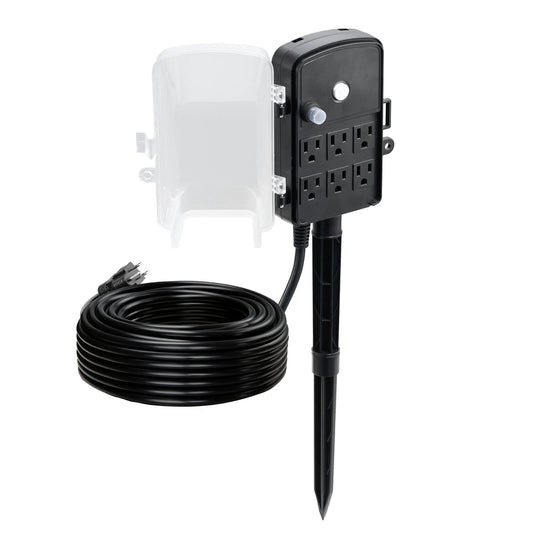 KFFKFF Outdoor Power Stake with 100 FT Extension Cord, Weather-Resistant Power Strip with Cover and Overload Protection, 6 Outlets,13A/1625W,Waterproof Multi-Outlet Yard Stake for Holiday Decorations