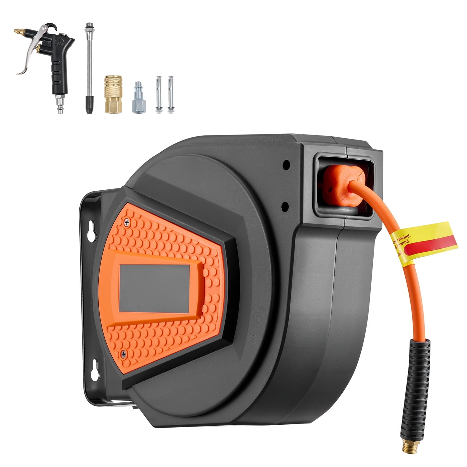 KFFKFF Retractable Air Hose Reel, 1/4 Inch x 50 FT Hybrid Hose, 300 PSI Max Pressure, Auto Rewind with 6.6 ft Lead-In Hose & Blow Gun, 180Â° Swivel Mount for Ceiling or Wall