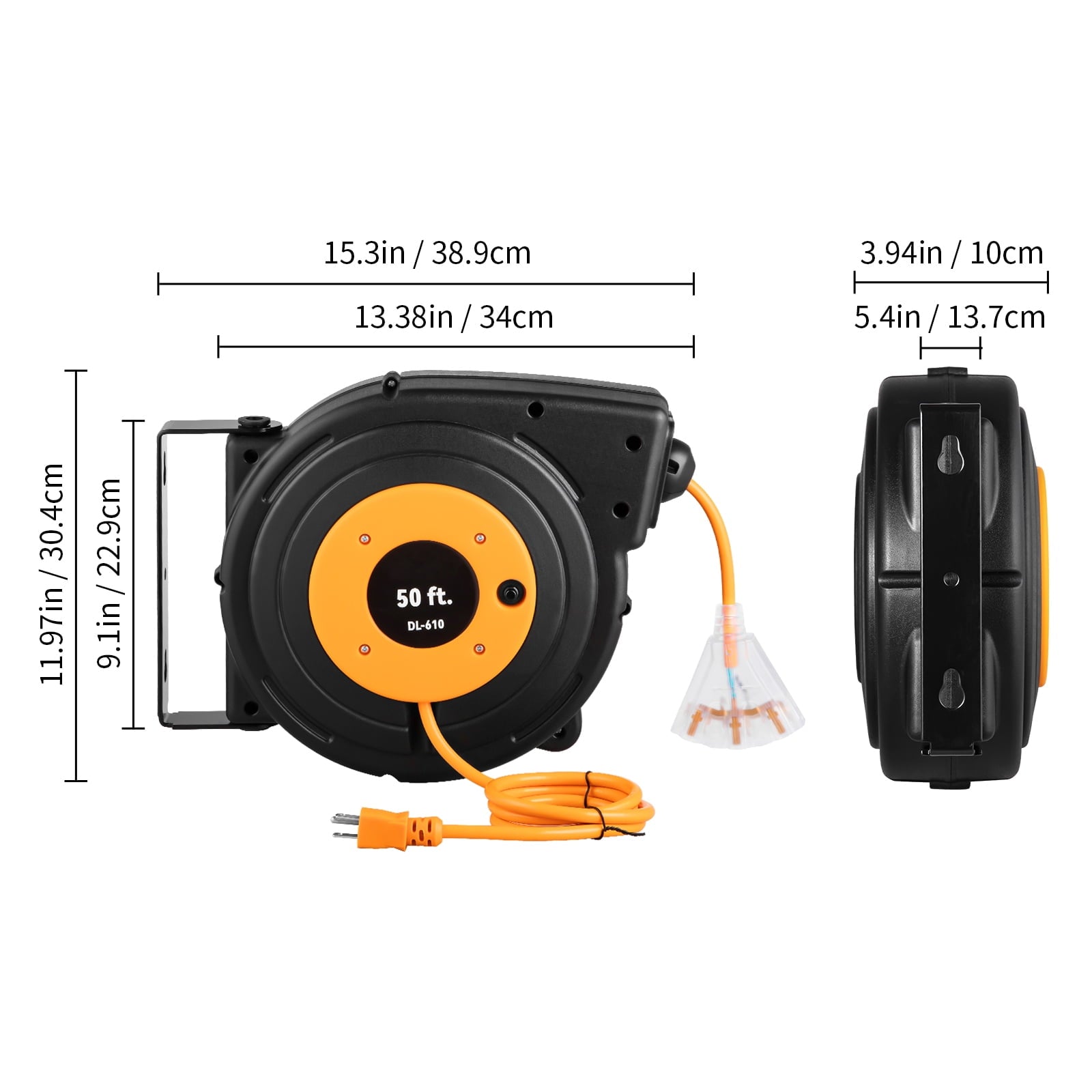 KFFKFF Retractable Extension Cord Reel, 50 ft., Heavy Duty 14AWG/3C SJTOW Power Cord, Illuminated Three-Tap Outlet, 13 Amp Circuit Breaker, 180?? Swivel Bracket for Ceiling or Wall Mounting