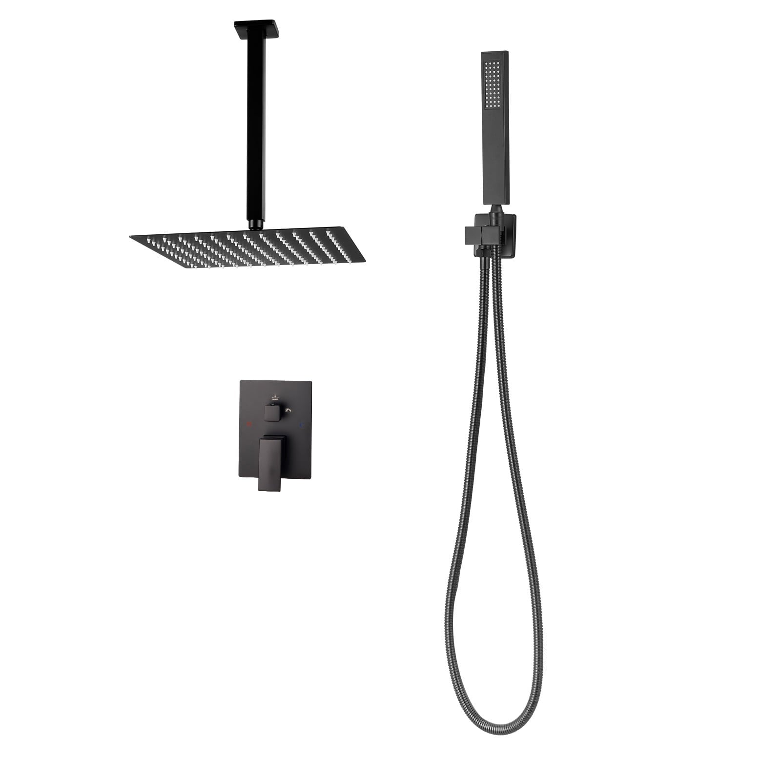 KFFKFF Shower Faucet Set with 10-Inch Square Rain Shower Head and Handheld Spray, Ceiling-Mounted Bathroom System with Brass Valve and Trim Kit, Matte Black