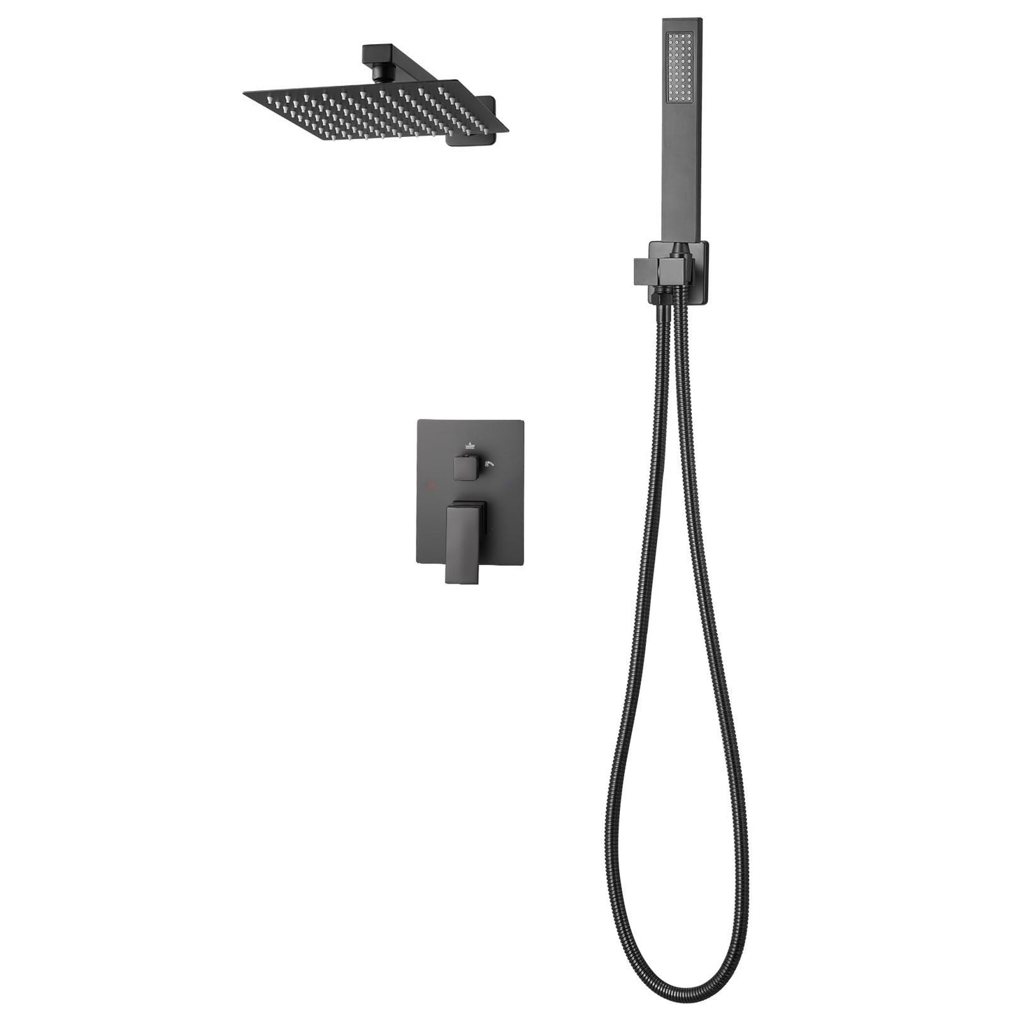 KFFKFF Shower Faucet Set with 8-Inch Square Rain Shower Head and Handheld Spray, Wall-Mounted Bathroom Fixtures with Brass Valve and Trim Kit, Matte Black