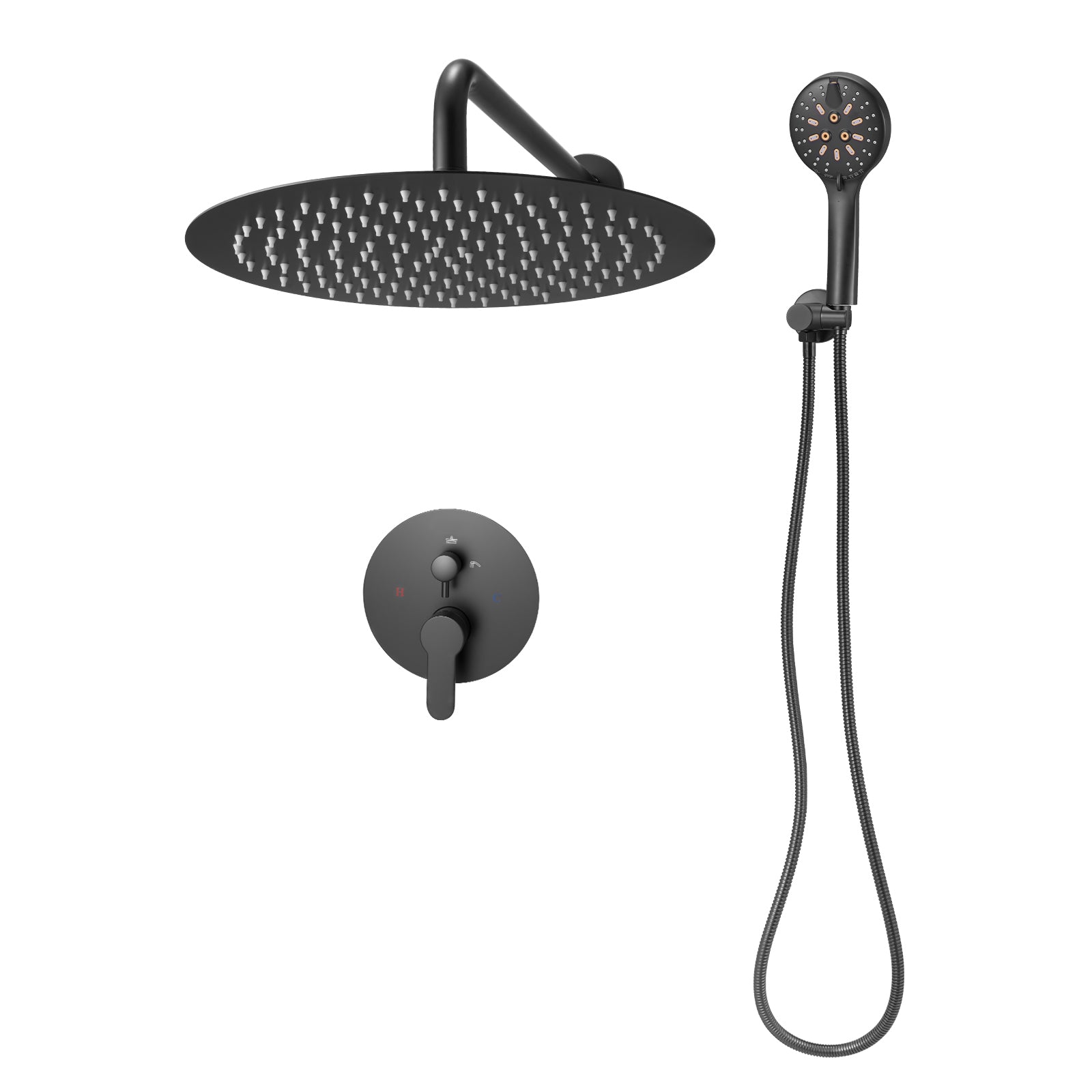KFFKFF Shower Faucet Set with 12-Inch Rain Shower Head and Handheld Spray, Wall-Mounted Bathroom Fixtures with Brass Valve and Trim Kit, Matte Black